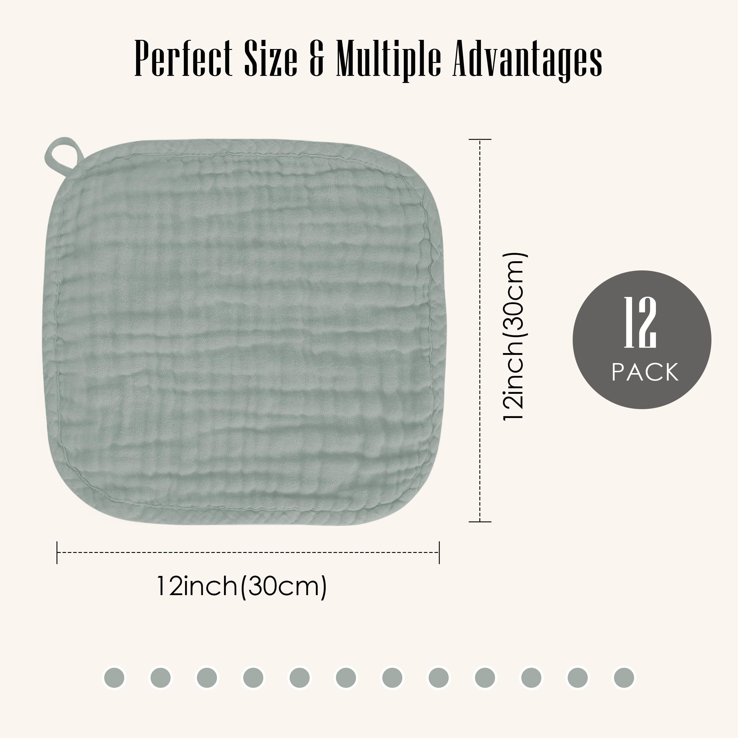 Lot de 12 débarbouillettes pour bébé 100 % mousseline de coton douces et lingettes absorbantes pour nouveau-nés, enfants, filles et garçons, 30,5 x 30,5 cm, vert