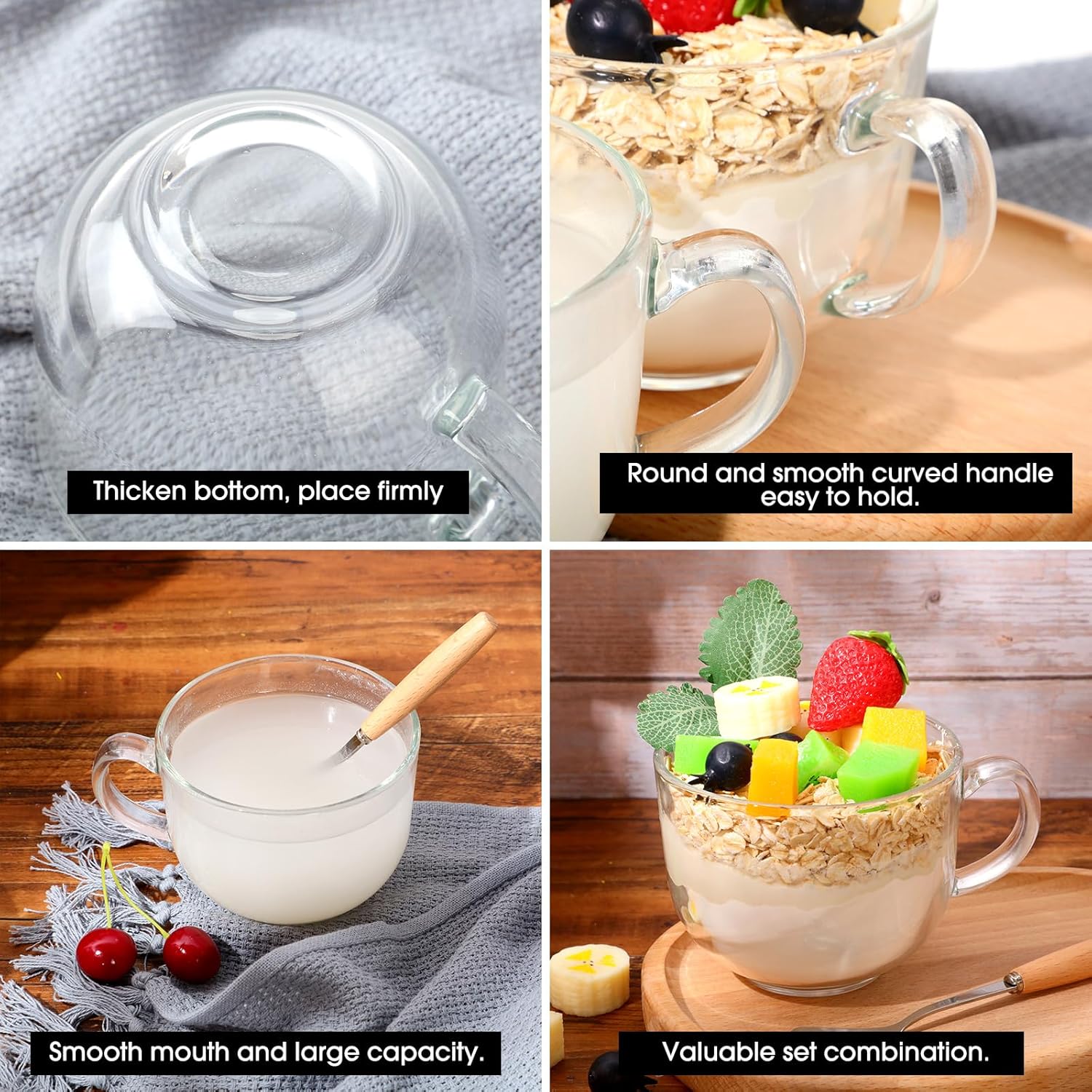 Sliner 6 Sets 16 oz Large Glass Coffee Mugs Gifts with Bamboo Lids Spoons Handle Vintage Clear Glass Tea Cups Jumbo Cute Coffee Bar Accessories for Hot Cold Iced Beverage Glassware - Image 4