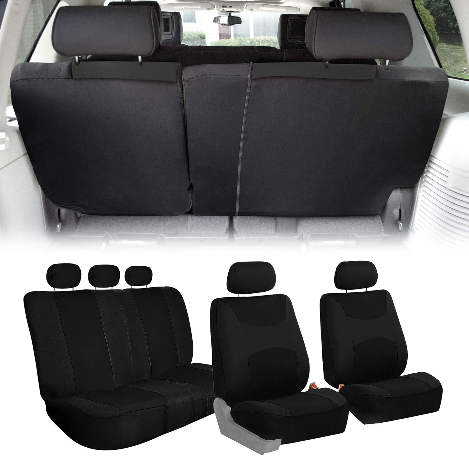 TLH Automotive Full Coverage Flat Cloth Seat Covers Full Set Black Automotive Seat