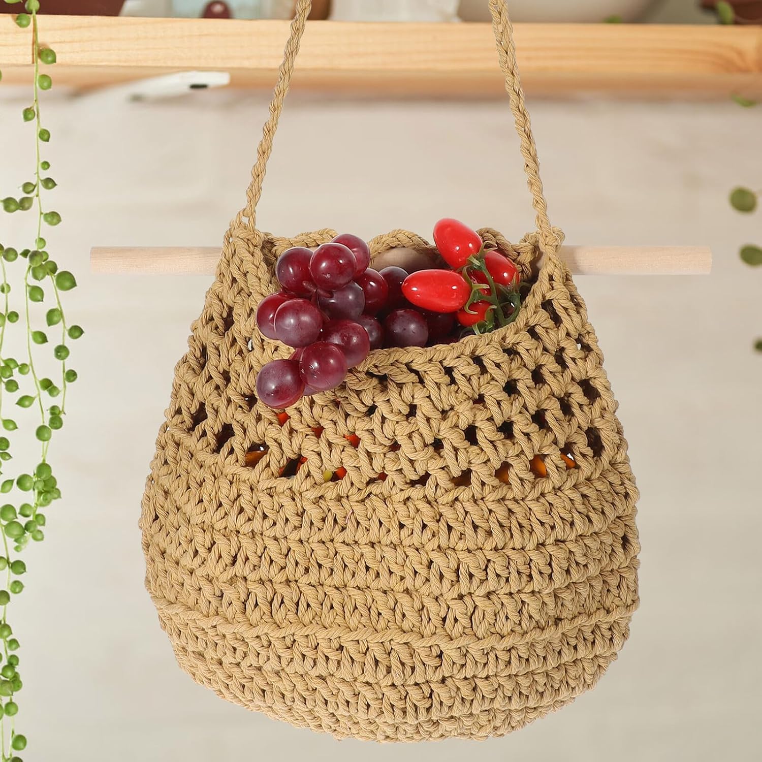 Boho Cotton Rope Fruit Hanging Basket Small Brown Woven Wall-mounted Kitchen Storage Organizer Vegetable Holder