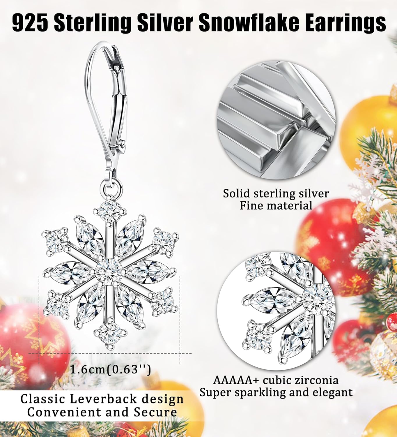 925 Sterling Silver Snowflake Earrings for Women Hypoallergenic Drop Dangle Earrings 5A Cubic Zirconia Holiday Christmas Leverback Snowflake Earring Gifts - Image 3