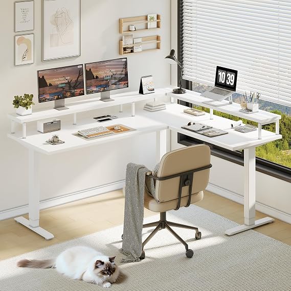 OffiGo Corner Desk Height Adjustable 150 x 120 cm Height Adjustable Desk with Socket Electric Desk L Shape with Monitor Stand White