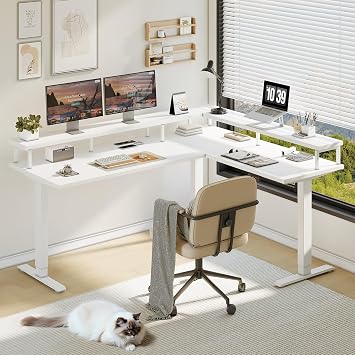 OffiGo Corner Desk Height Adjustable 150 x 120 cm Height Adjustable Desk with Socket Electric Desk L Shape with Monitor Stand White