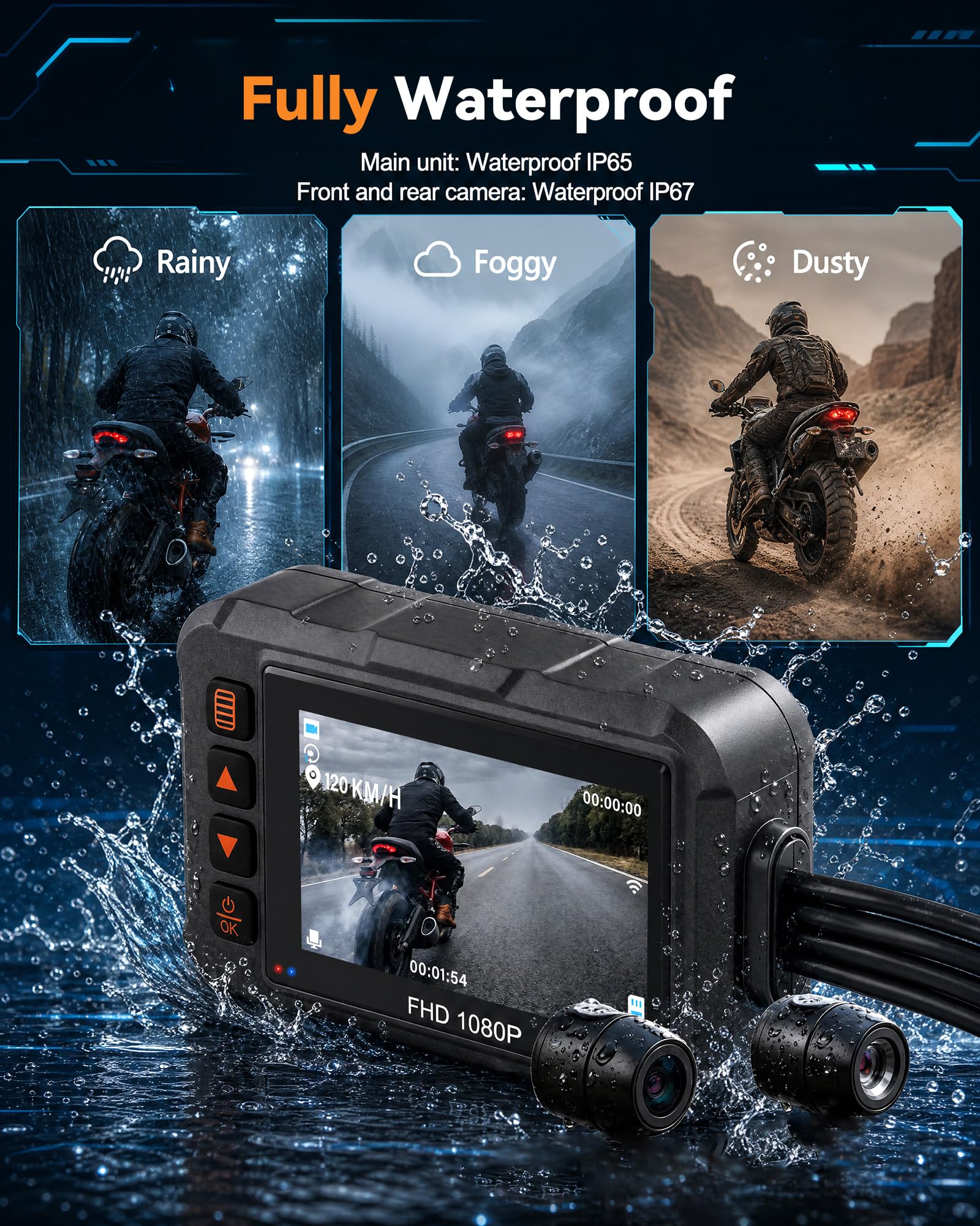 SIXWIN Dashcam Moto Avant et Arrière, Caméra Moto 3 Pouces HD, Étanche IP67, avec GPS, HDR, Capteur G, Enregistrement en Boucle, Grand Angle, pour Motocyclette, Sports Motorisés, UTV, ATV