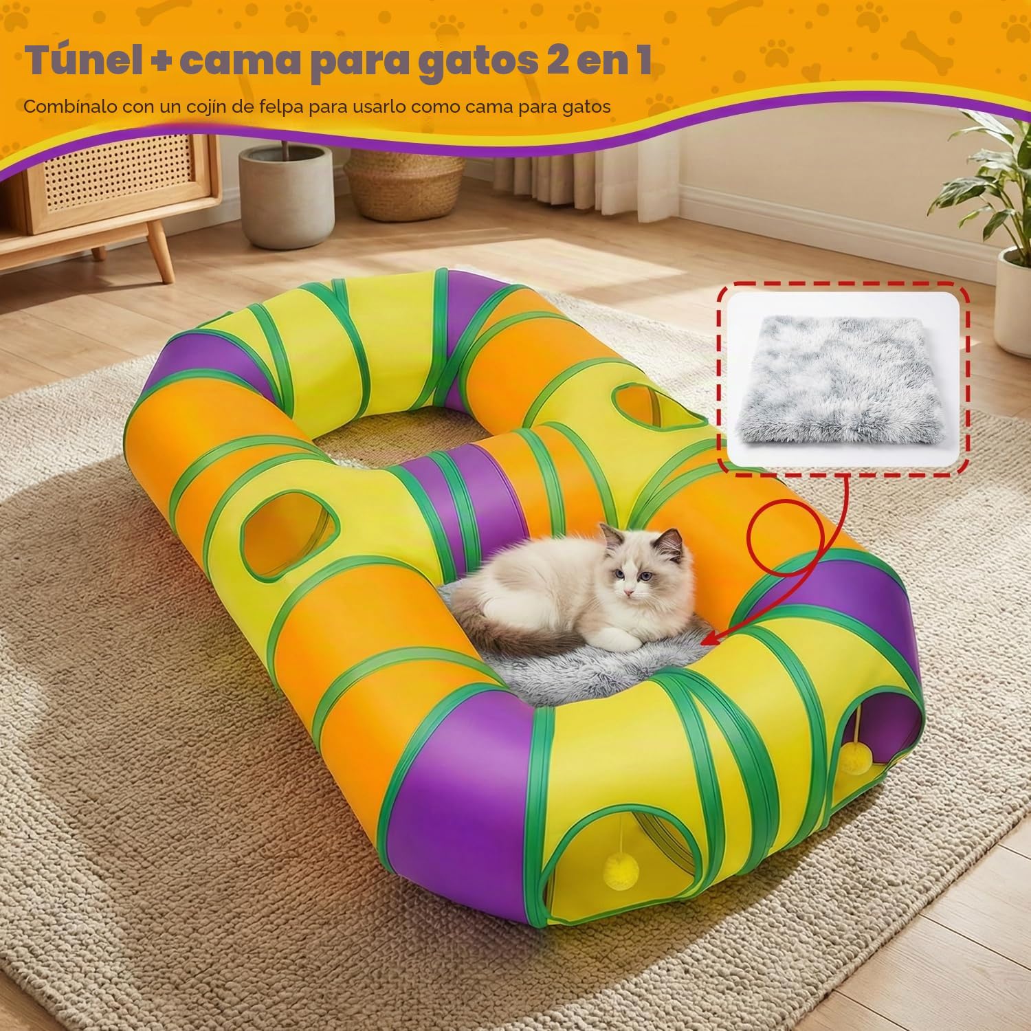 Túnel para Gatos de Interior con Forma de 8, túnel de Juguete para Mascotas con Pompones Colgantes y Agujero Interactivo para Gatitos, Cachorros, Conejos, Hurones y cobayas