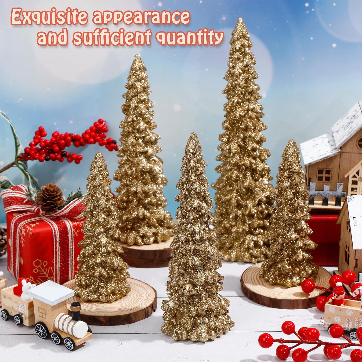 Jetec 5 Pcs Gold Christmas Tree Figurines, Resin Glittered Christmas Trees Table Decor, 9.8''/7.6''/5.7'' Xmas Resin Pine Trees Figurine Set for Tables, Mantel, Home, Party Decor(Glitter Gold)