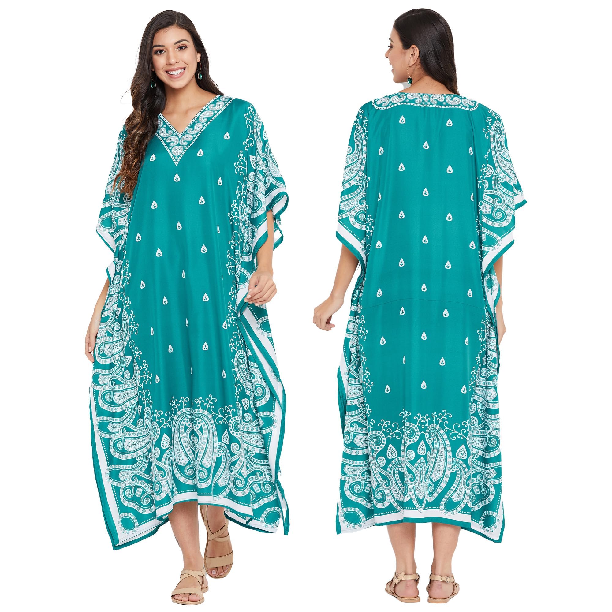Oussum Gypsie Blu Paisley Print Kaftan for Women Polyester Caftan Dress Kimono Sleeve Plus Size Beach Maxi Dresses - green - One Size More