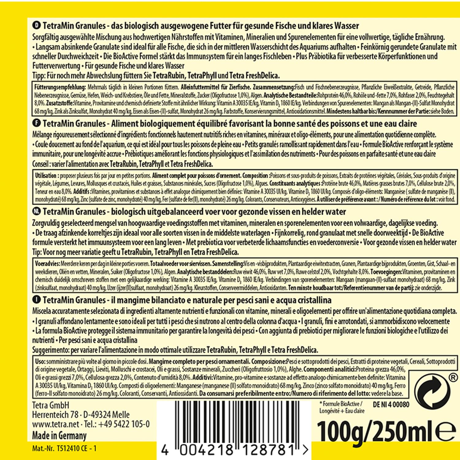 TetraMin Granules - alimento en forma de gránulos para todos los peces ornamentales , mezcla equilibrada para peces sanos y agua clara, lata de 500 ml