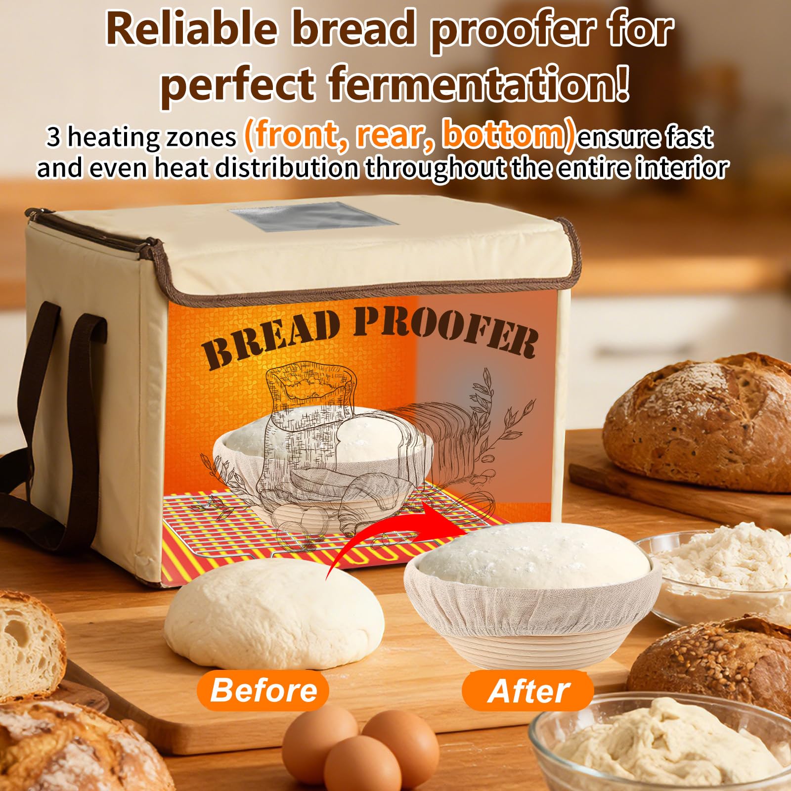Brot Gärbox Sauerteig, Faltbare Gärbox mit Dreiseitige Oberflächen Heizung Temperaturregelung von 10–45 °C, 48H Timer Brot Gärschrank mit NTC-Sensor & Abkühlgitter für Sauerteig, Pizza, Joghurt