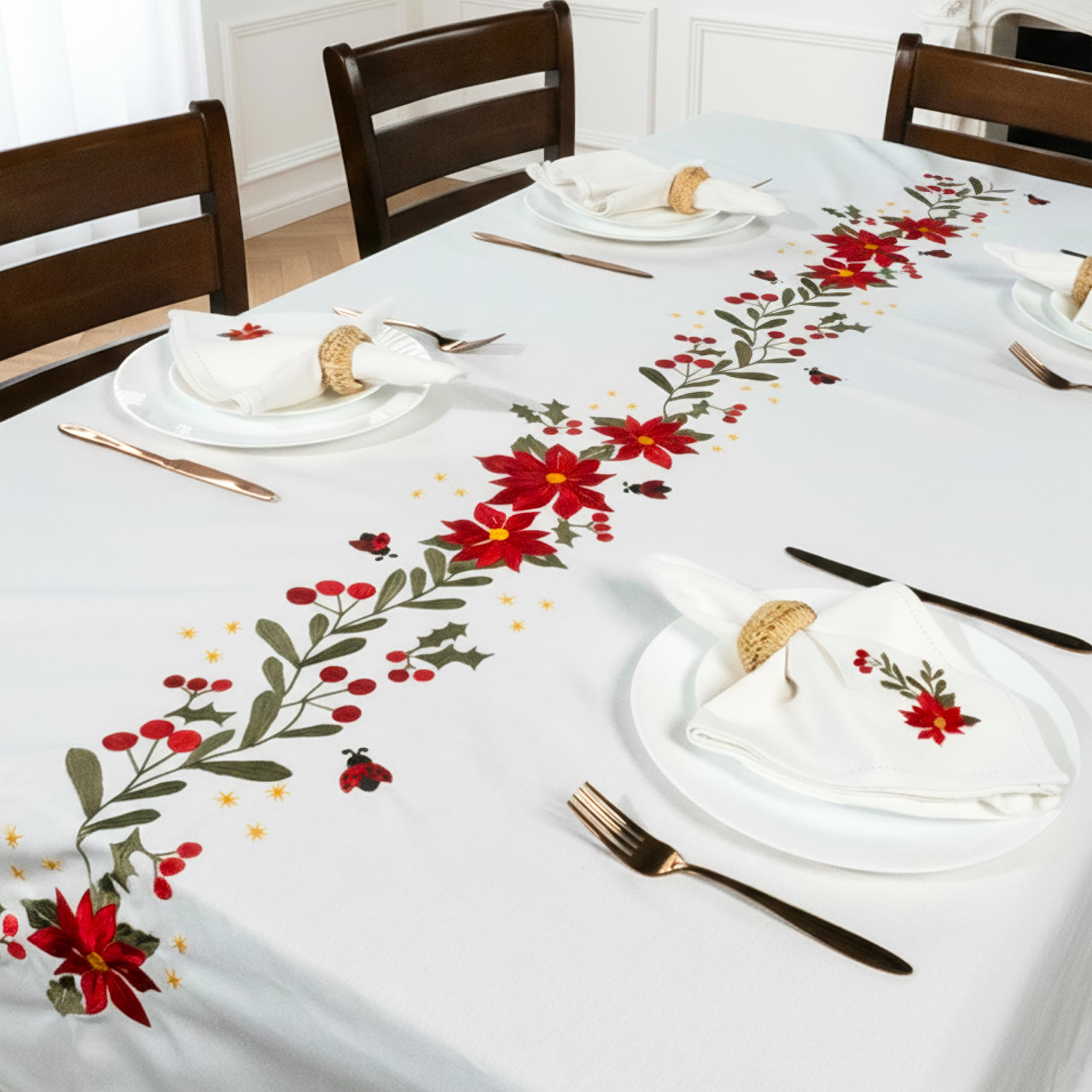 Embroidered Cotton Tablecloth 60 x 75 Inch Rectangle – Washable & Colorfast Table Cover for Dining Room, Farmhouse, Kitchen, Home, Party & Wedding Décor - Ivory Cheer