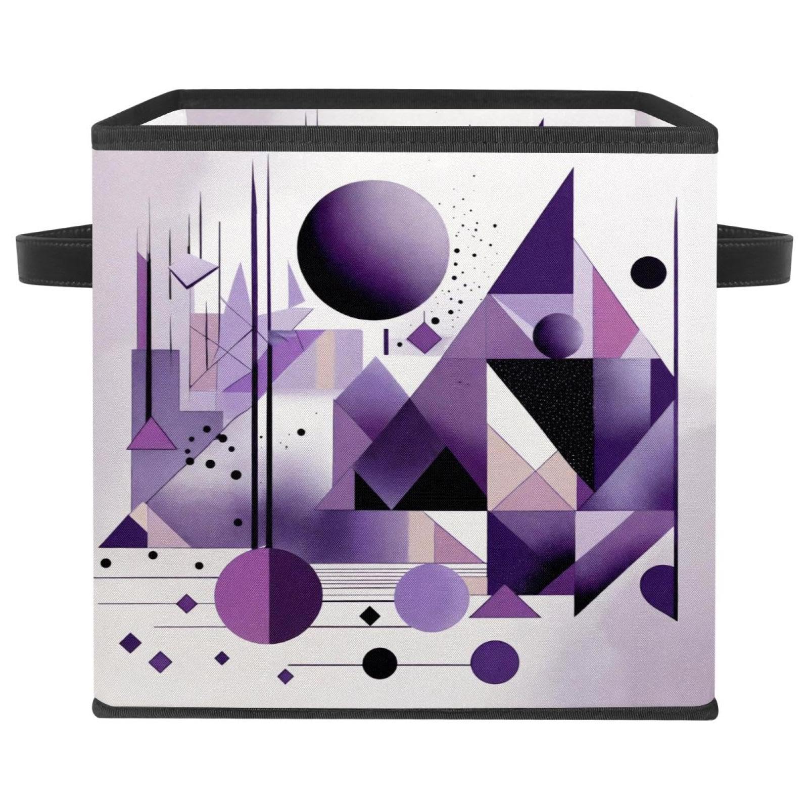 Grand cube de rangement motif géométrique violet et poignées cuir