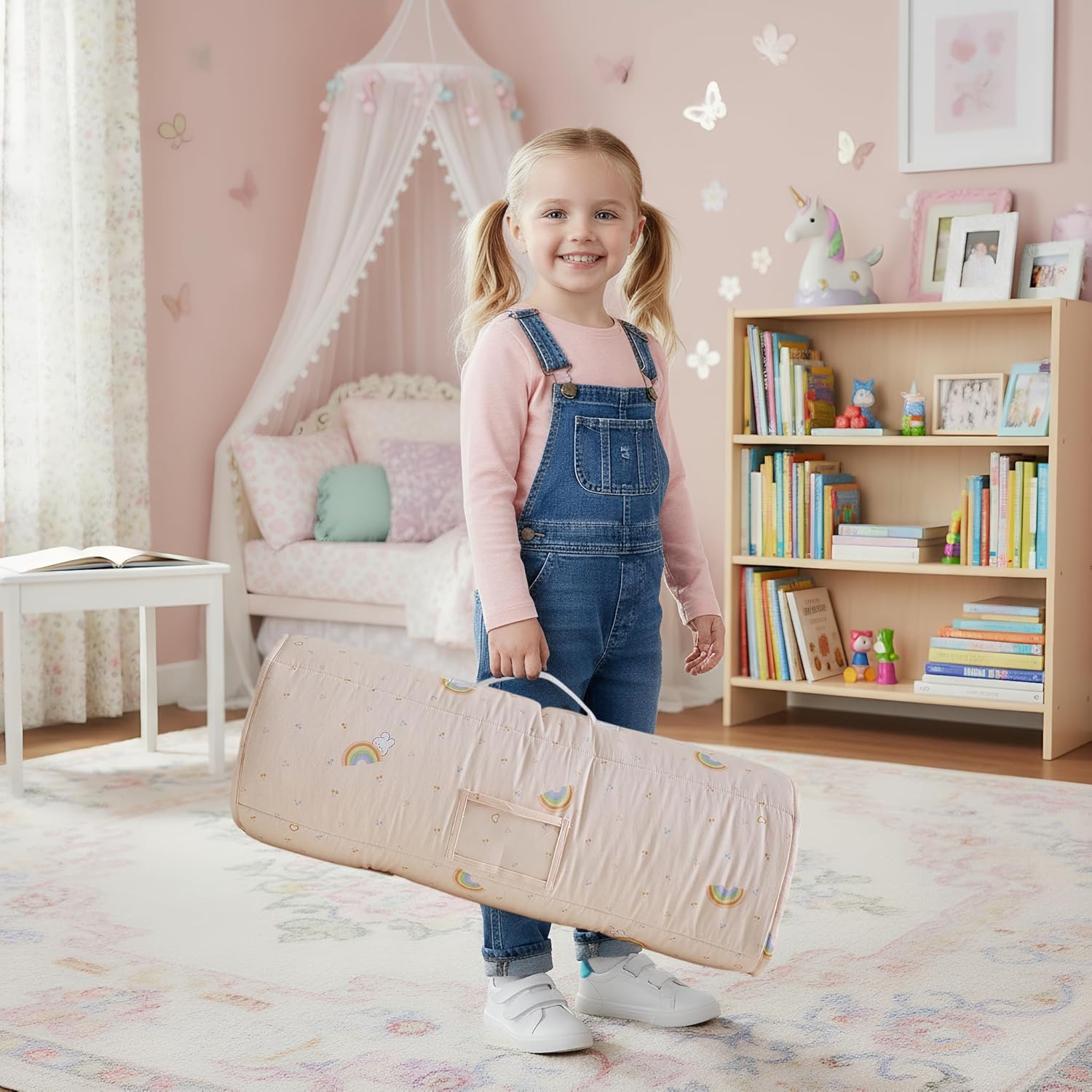 DuShow Cotton Toddler Nap Mat with Pillow and Blanket,Extra Large Rolled Napping Mats,Slumber Bags for Boys Girls,Kids Sleeping Mat for Daycare,Preschool Kindergarten-Pink Rainbow - Image 7