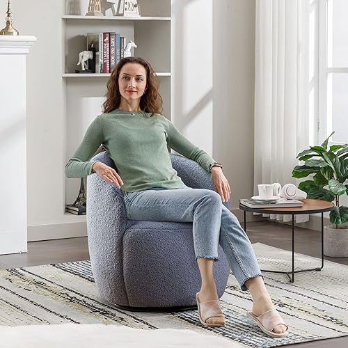 Miniatura 33 de KIVENJAJA Silla giratoria de barril tapizada de tela de peluche, moderna silla redonda con brazos, sillón pequeño giratorio de 360 grados para Azul