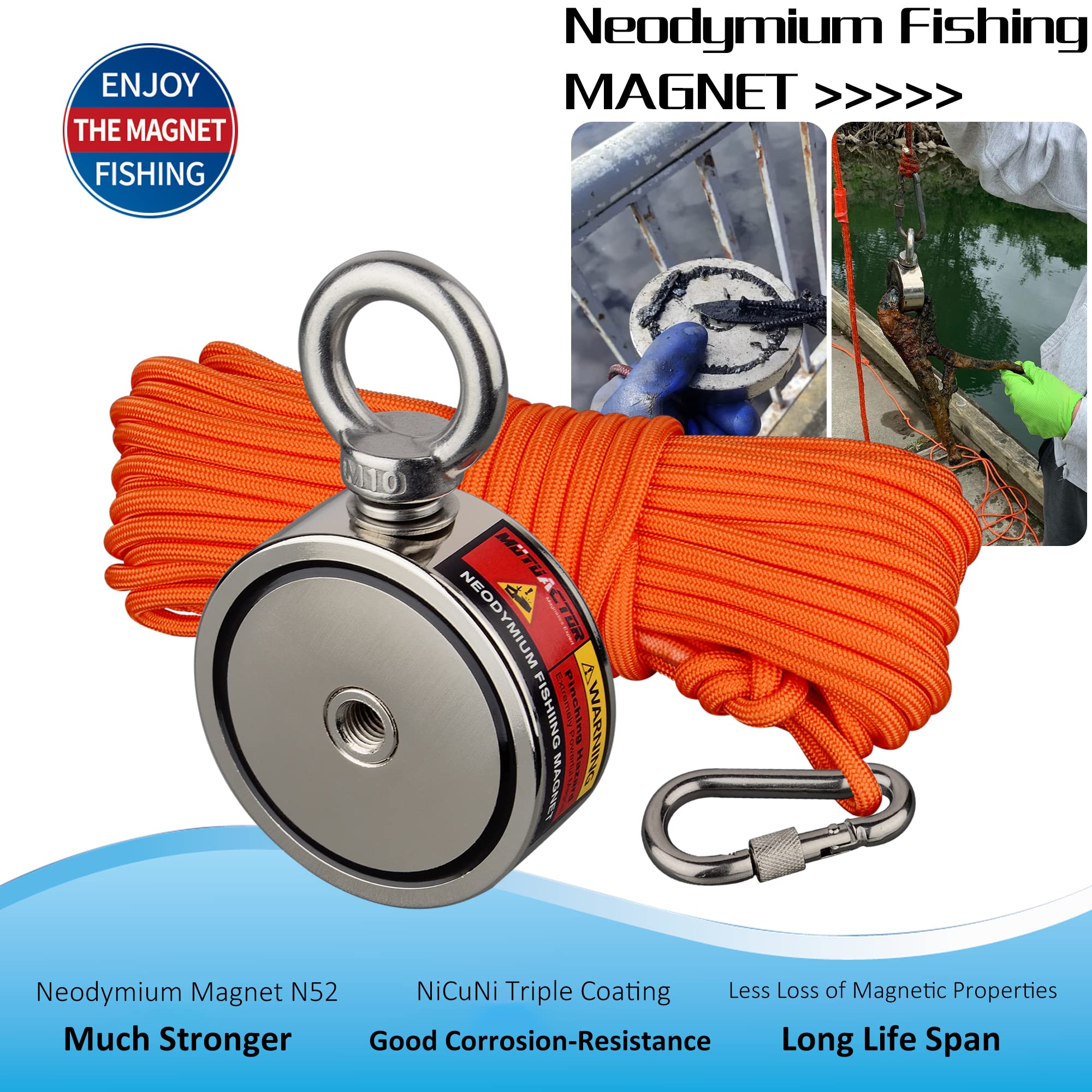 MUTUACTOR Aimant Neodyme Super Puissant Combine 400KG Force de Traction, Aimant Puissant Avec 20M Robuste Corde, Acheter Aimant Puissant Dans Jeu Pêche Magnetique pour la pêche magnétique et Le sauvet