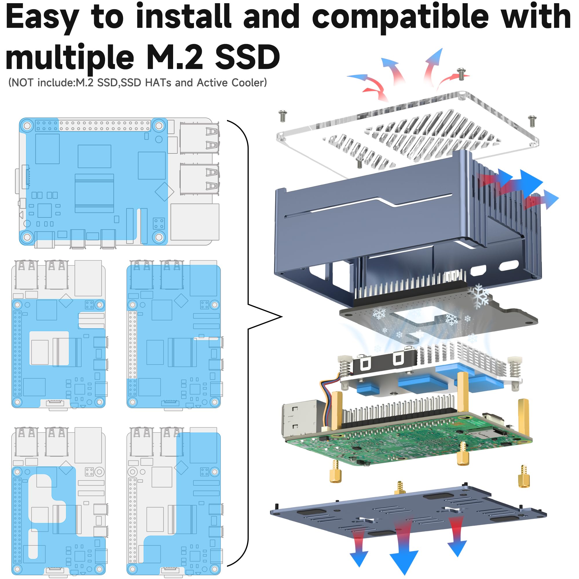 Miuzei Raspberry Pi 5 obudowa Support Top PCIe M.2 NVMe SSD Hat i Active Cooler Metal Aluminium Case for Raspberry Pi 5 4 GB/8 GB obsługuje X1001 X1000 X1000 X1003 Hats Gray