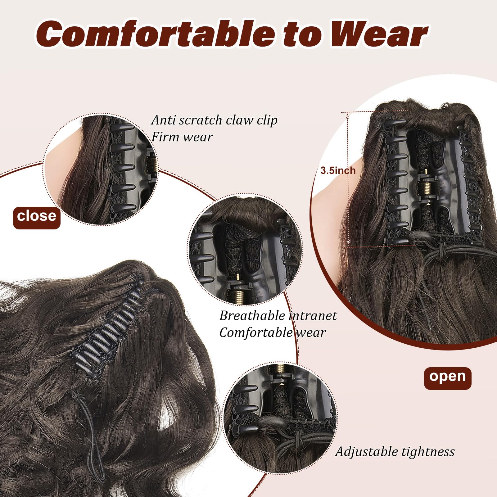 Dcbaboo Claw Clip in Ponytail Hair Extensions Long Wavy 18inch Ponytail Extension Curly Wave Synthetic Jaw on Pony tails Natural Hairpiece Fake Ponytail for Women Medium Brown - Image 2