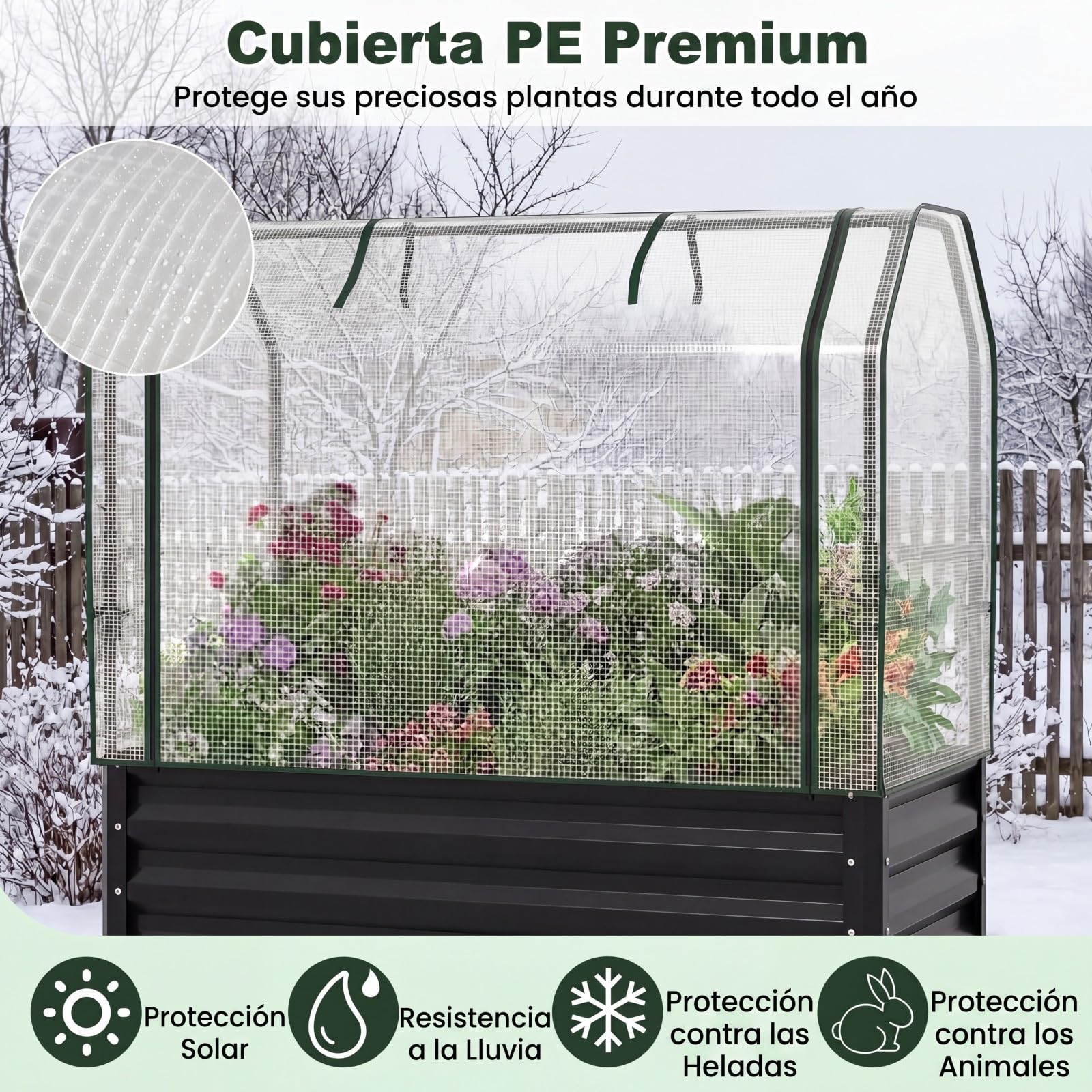 COSTWAY Jardinera Elevada con Invernadero, Cama de Jardín de Metal Galvanizado con Cubierta de Protección, Puerta Enrollable, Huerto Urbano Exterior para Patio, Terraza, Balcón (Negro)