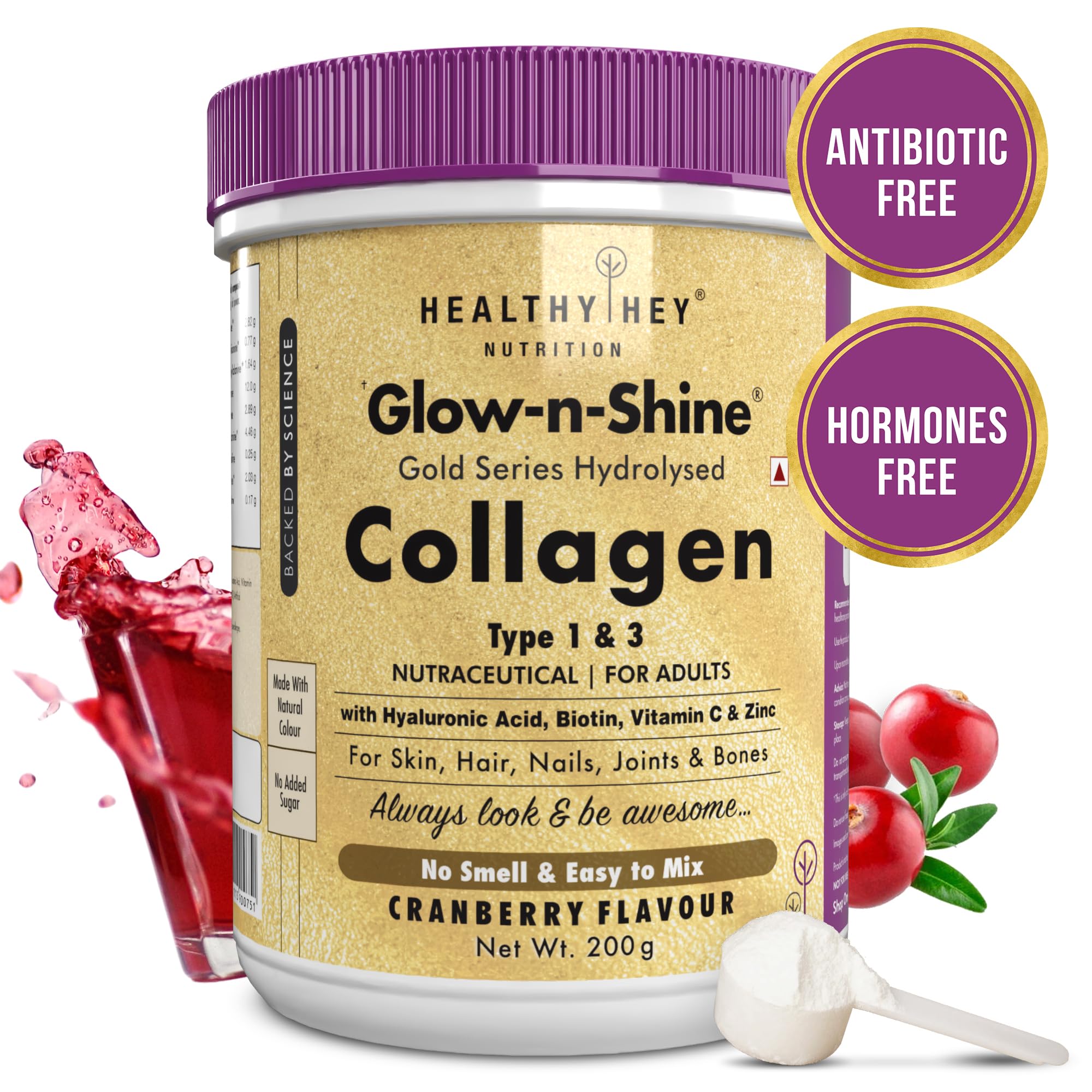 HealthyHey Skin Glow-n-Shine® Collagen Powder 200g | Hydrolysed Collagen for Women and Men with Hyaluronic Acid, Biotin and Vitamin C for Healthy Skin, Hair and Nails - (Cranberry, 200gm)