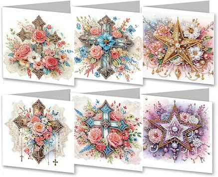 MaiYiYi 6 Pack DIY Cross Flower Diamond Art Greeting Cards Kit Cross Diamond Painting Greeting Cards Flowers Greeting Card Crystal Diamond Painting Set for Family Friends Holiday Birthday