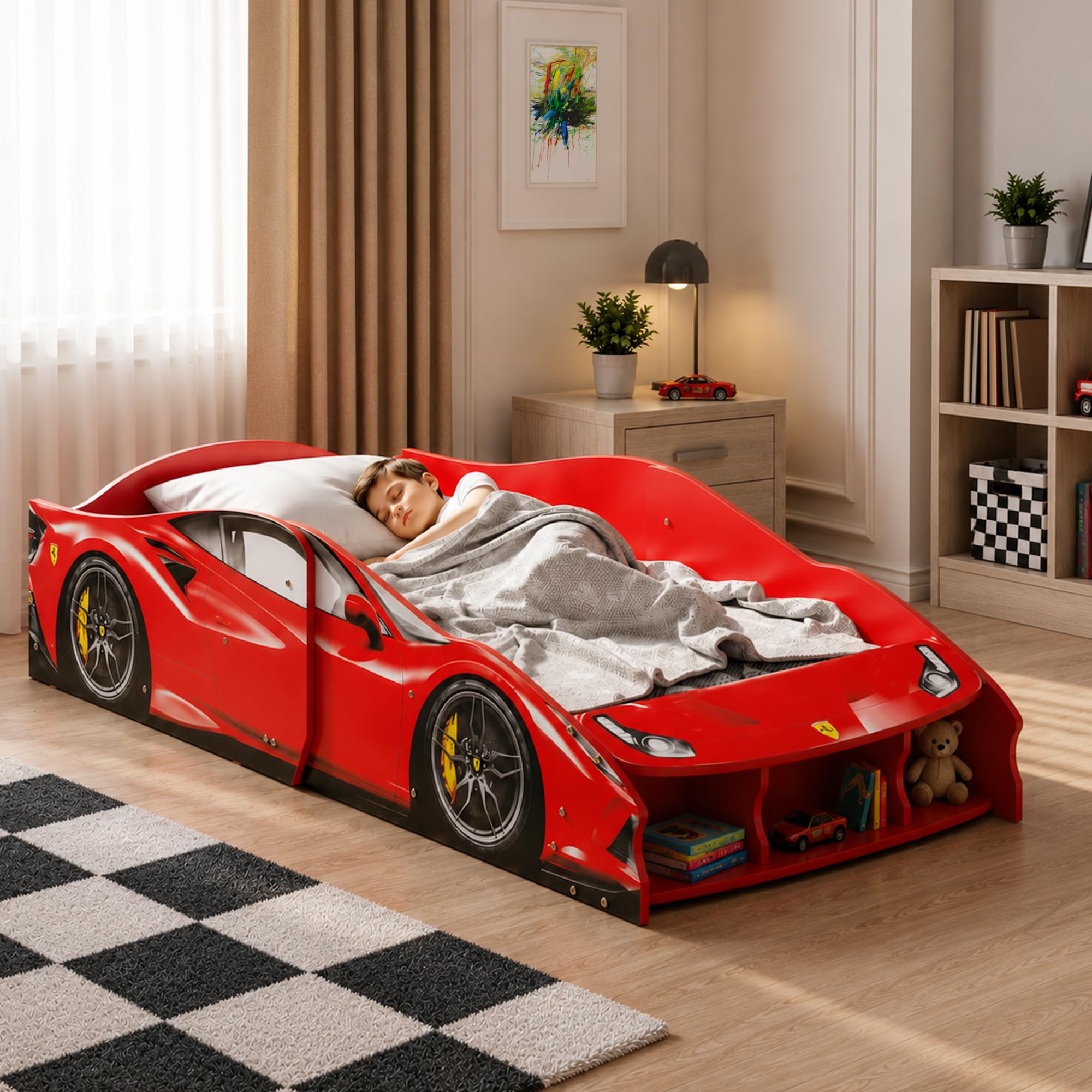 Alex Daisy Kids Racing Car Bed with Front Bookshelf | Engineered Wood Toddler Bed for Boys & Girls | Sports Car Design | Fits 140 x 70 cm Mattress | Child Bed Up to 10 yr or 50 kgs-image-3