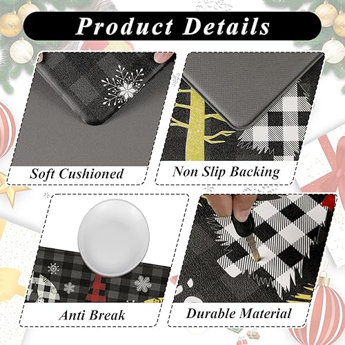 Miniatura 4 de U'Artlines Juego de 2 tapetes de cocina de Navidad, diseño de gnomo a cuadros negros, antifatiga, antideslizante, acolchados, cómodos, tapetes de