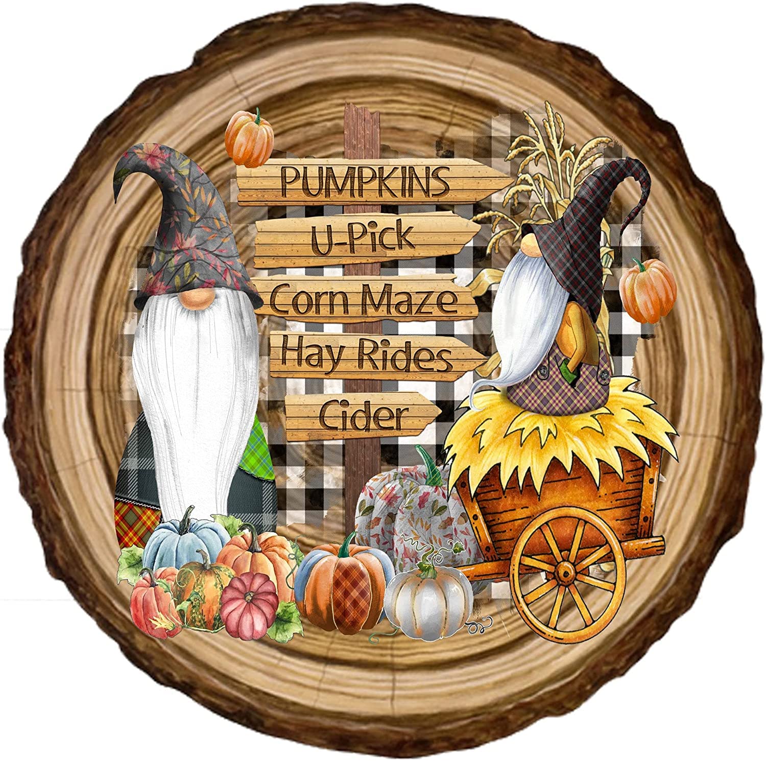 Fall gnome Pumpkin Wreath Sign, Round Wreath Sign, Round Antique Tin Sign Farm Country Cottage Wall Decor, Funny People Cave Cool Wall Door Plaque 12x12inch