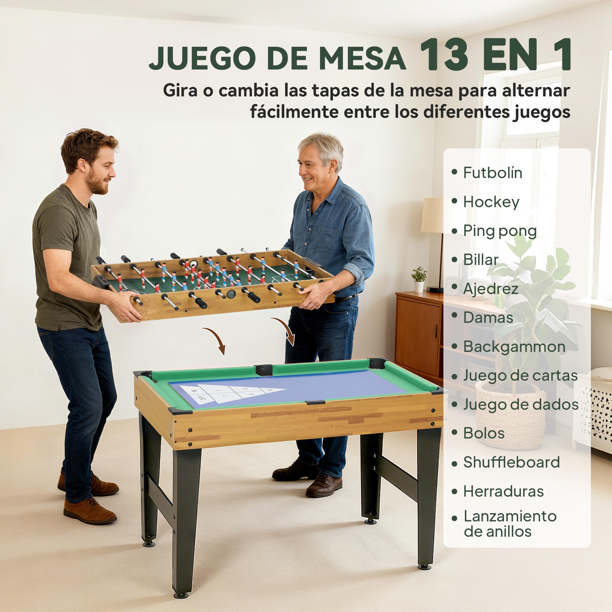 SPORTNOW Mesa Multijuegos 13 en 1 para Adultos Natural Negro