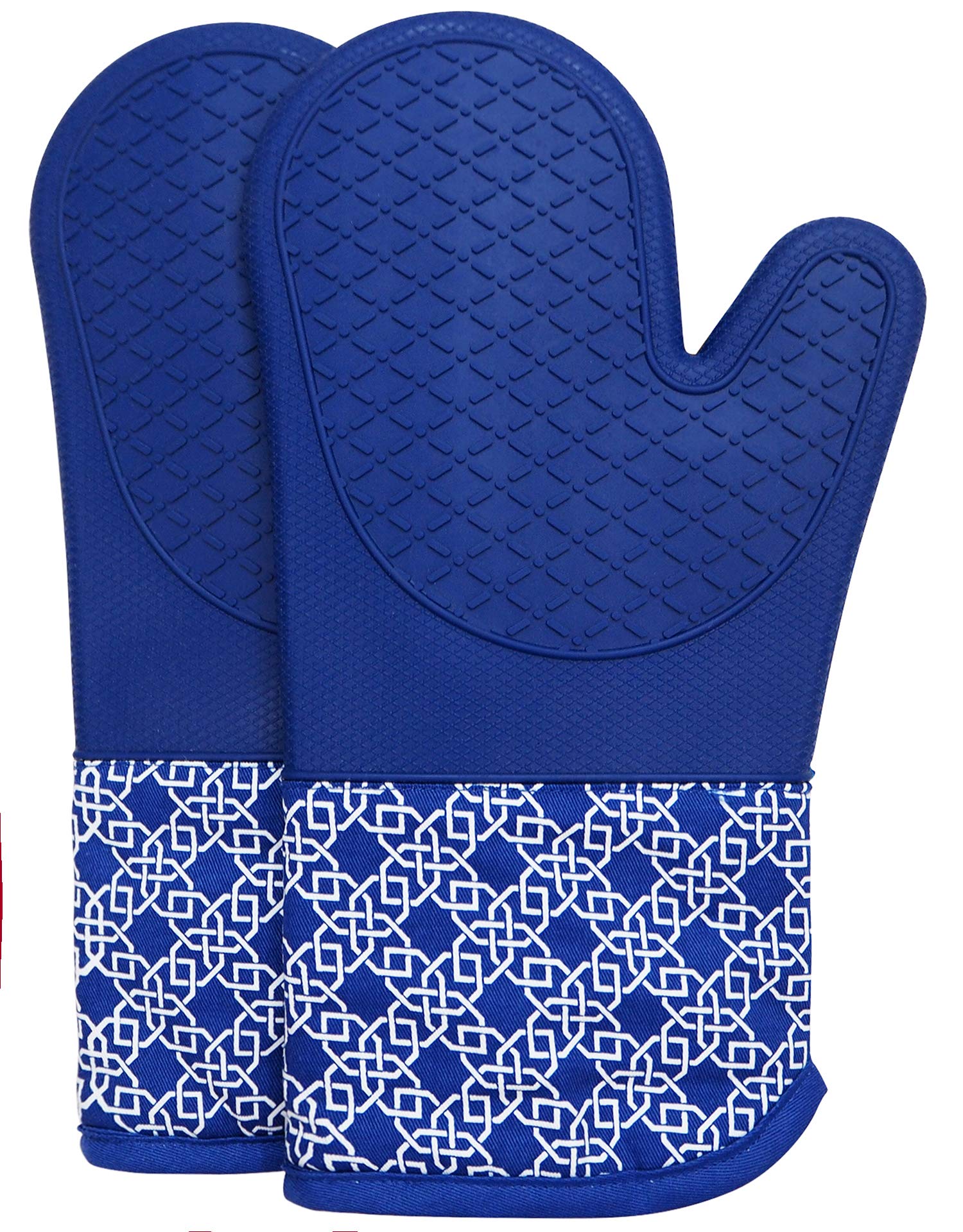 Oven Gloves Heat Resistant Silicone Shell Kitchen for 500 Degrees with waterproof, Set of 2 Oven Mitts with cotton lining for BBQ Cooking set Baking Grilling Barbecue Microwave Gauntlet Blue