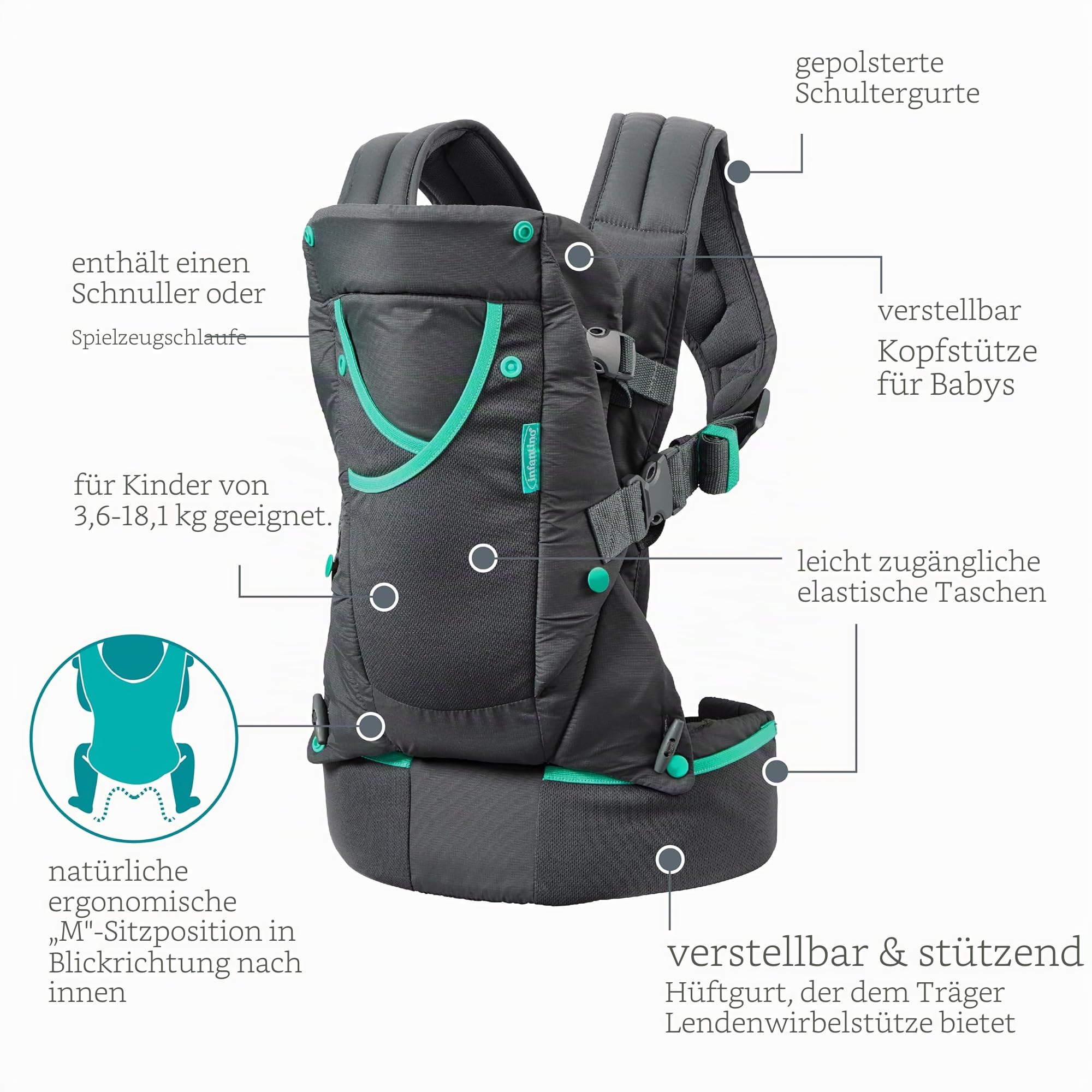 Infantino Carry On Active Babytrage, Ergonomische Multi-Taschen-Babytrage für Neugeborene bis Kleinkinder 3,6–18,1 kg mit Gepolsterten Trägern, Stauraum am Lendengurt, Grau