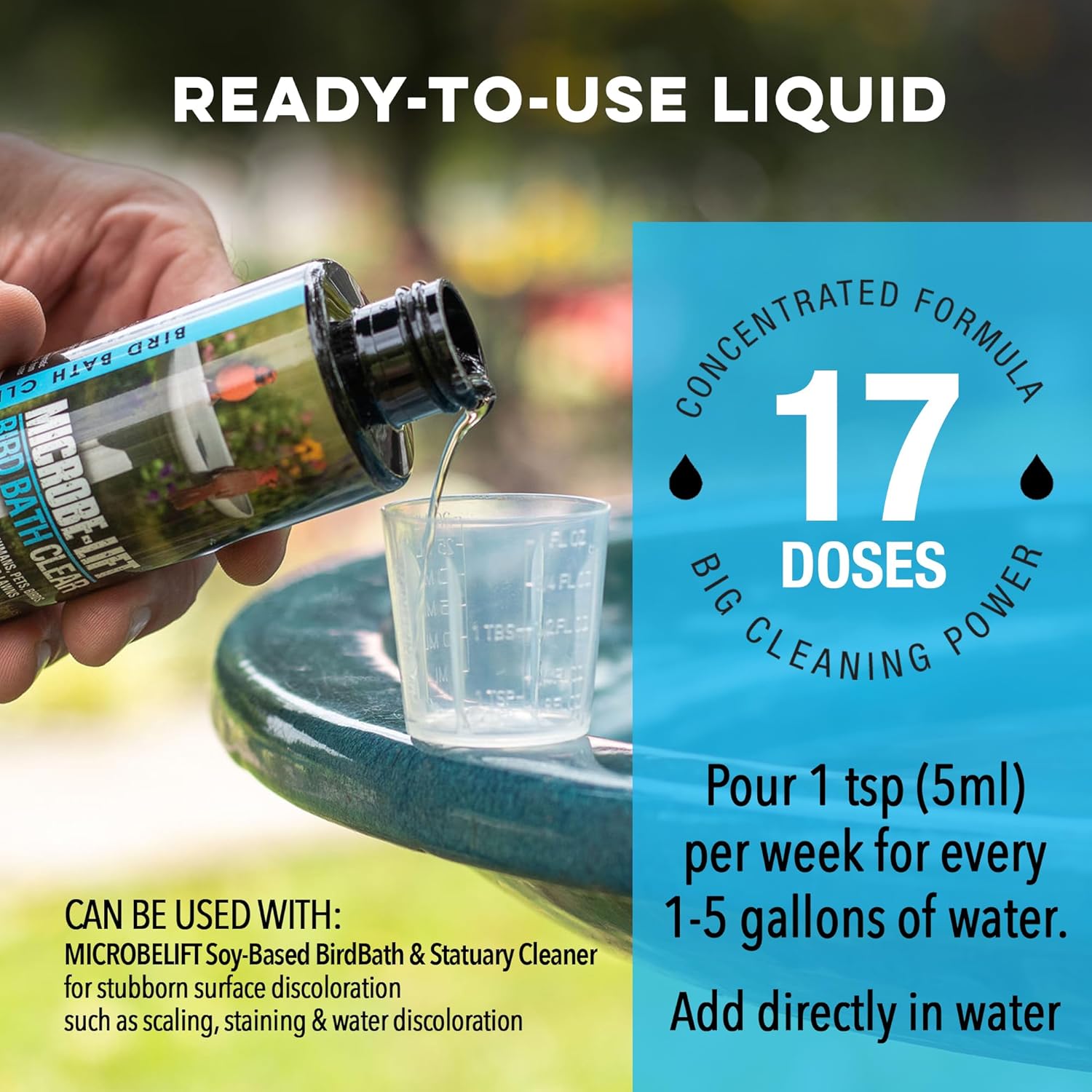 Microbe-Lift Bird Bath Clear Two-in-One Water Cleaner – 4 Oz – Safe for Birds, Fish & Frogs – Cleans Outdoor Birdbaths & Fountains – Natural Formula, Prevents Stains & Cloudiness