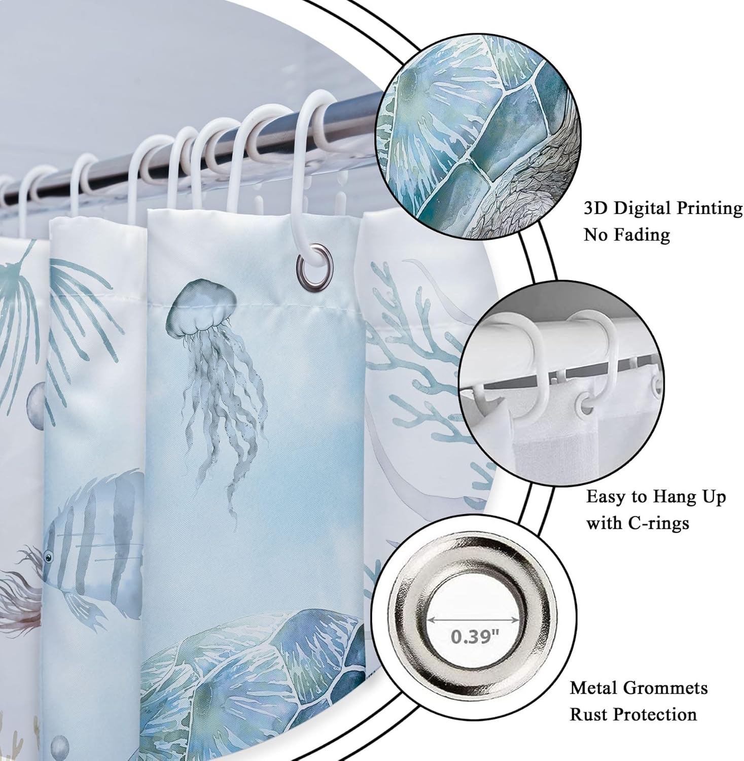 Riyidecor Teal Sea Beach Turtle 4Pcs Bathroom Shower Curtain Sets Ocean Turquoise Octopus Marine Bathroom Decor Set with Rugs and Accessories Coastal Toilet Lid Rug, Contour and Bath Mat with 12 Hooks