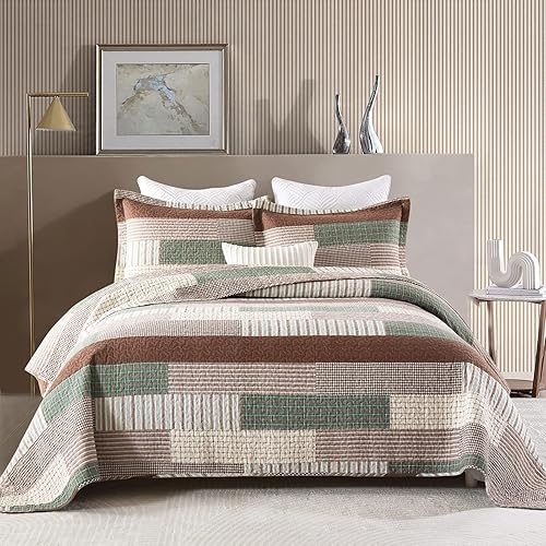 Vista 15 de Finlonte Juego de edredón tamaño King, colcha a rayas marrón, verde, beige, edredón reversible ligero para todas las estaciones, 3 piezas