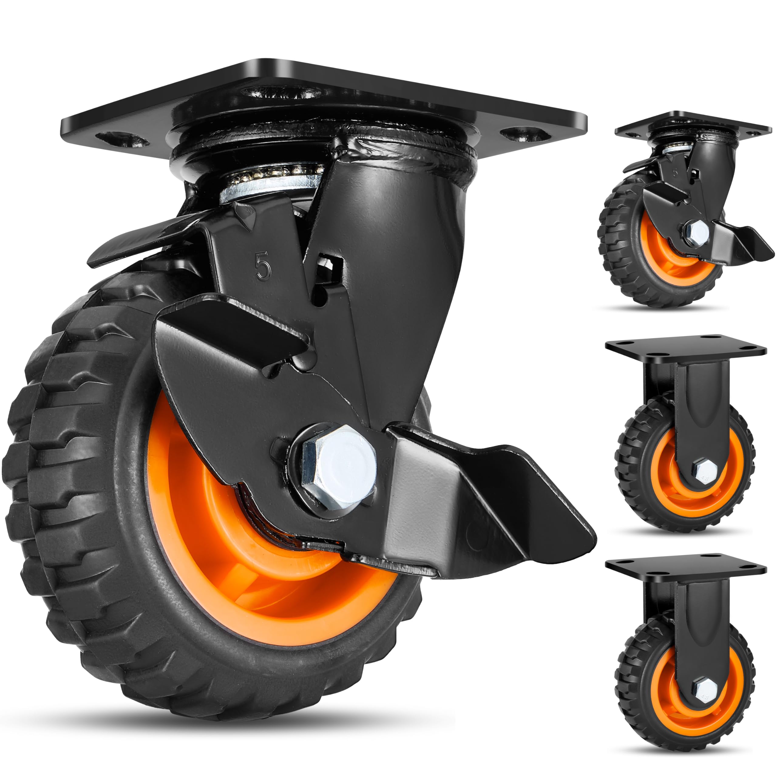 Nfbcxutkw Orange+Black 5 Inch Heavy Duty Caster Wheels Set Of 4 (2 Brake & 2 Fixed) 2200 Lbs Solid Rubber Never Flat All-Terrain Swivel Casters W/Knobby Thread For Cart/Dolly/Toolbox/Coop/Workbench/Shed/Grill