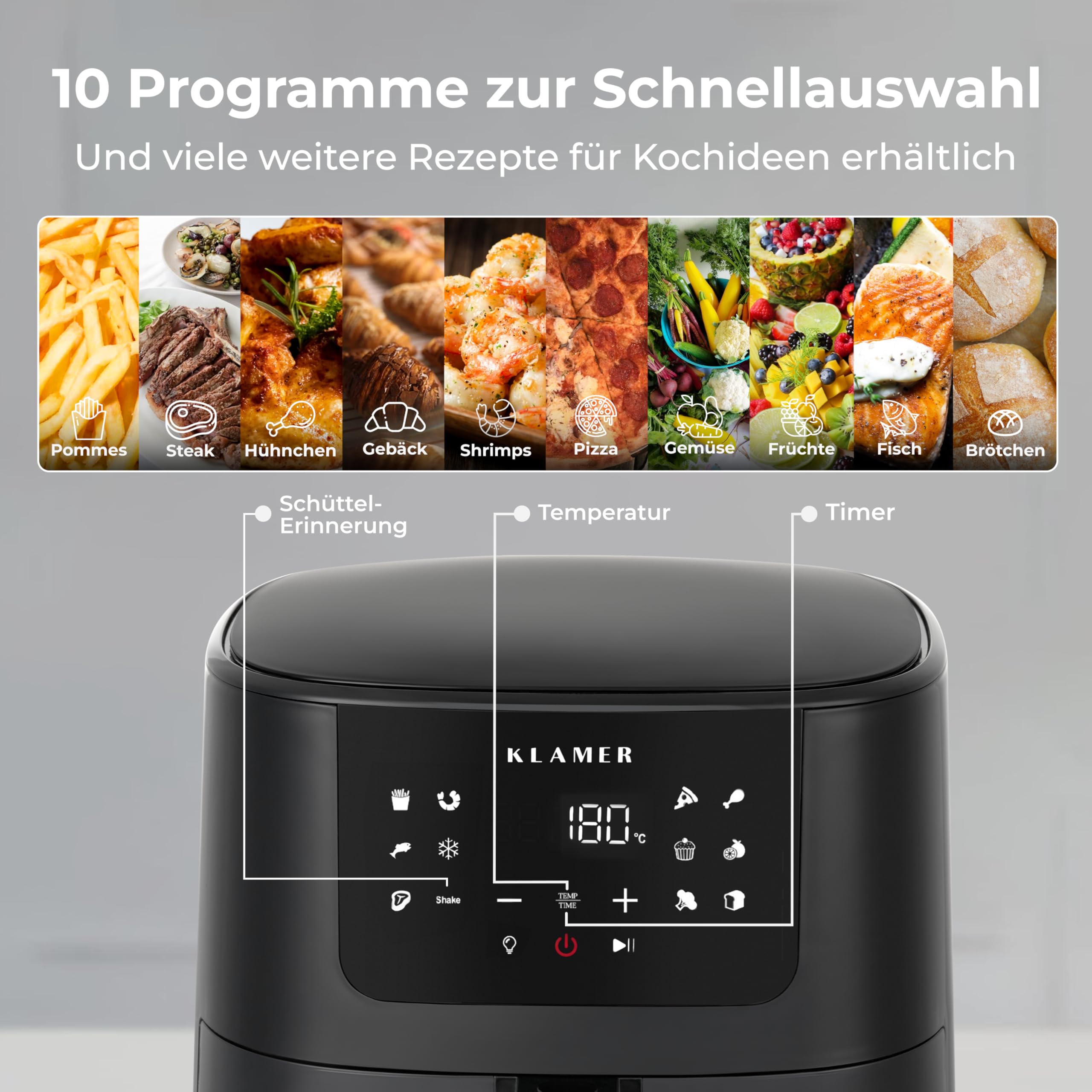 KLAMER Heißluftfritteuse 5 L XL mit Sichtfenster, für bis zu 5 Personen | Airfryer mit 10 Programmen, Schüttel-Erinnerung und digitalem deutschen Rezeptbuch, bereitet Gerichte mit weniger Fett zu