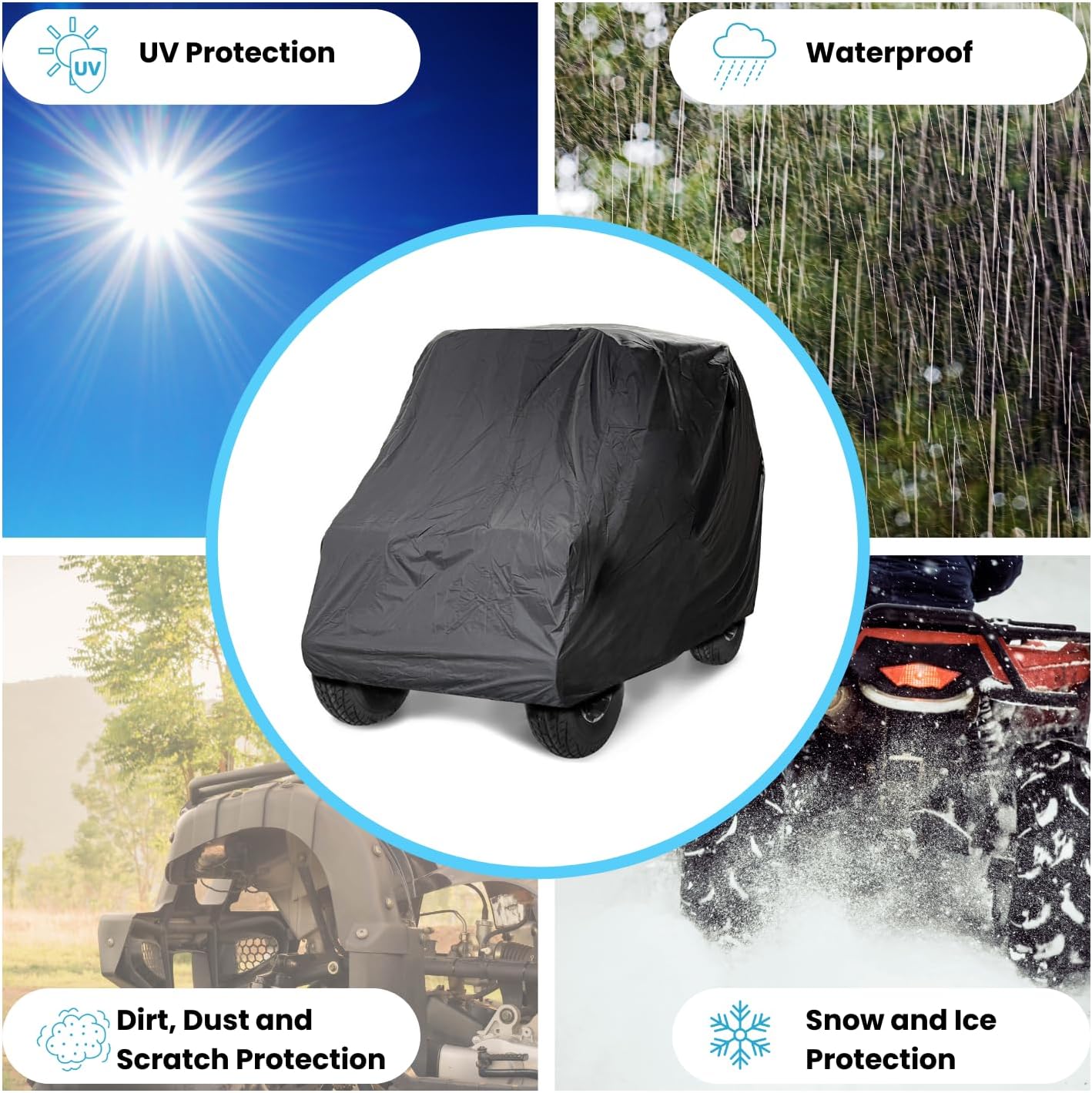 EliteShield Waterproof Quad 4x4 6x4 UTV Cover, Heavy Duty Utility Task Vehicle SXS Storage Cover, Black Color Fits UTV up to 120"L with roll cage for Polaris RZR Yamaha Can-Am Defender Kawasaki Ranger