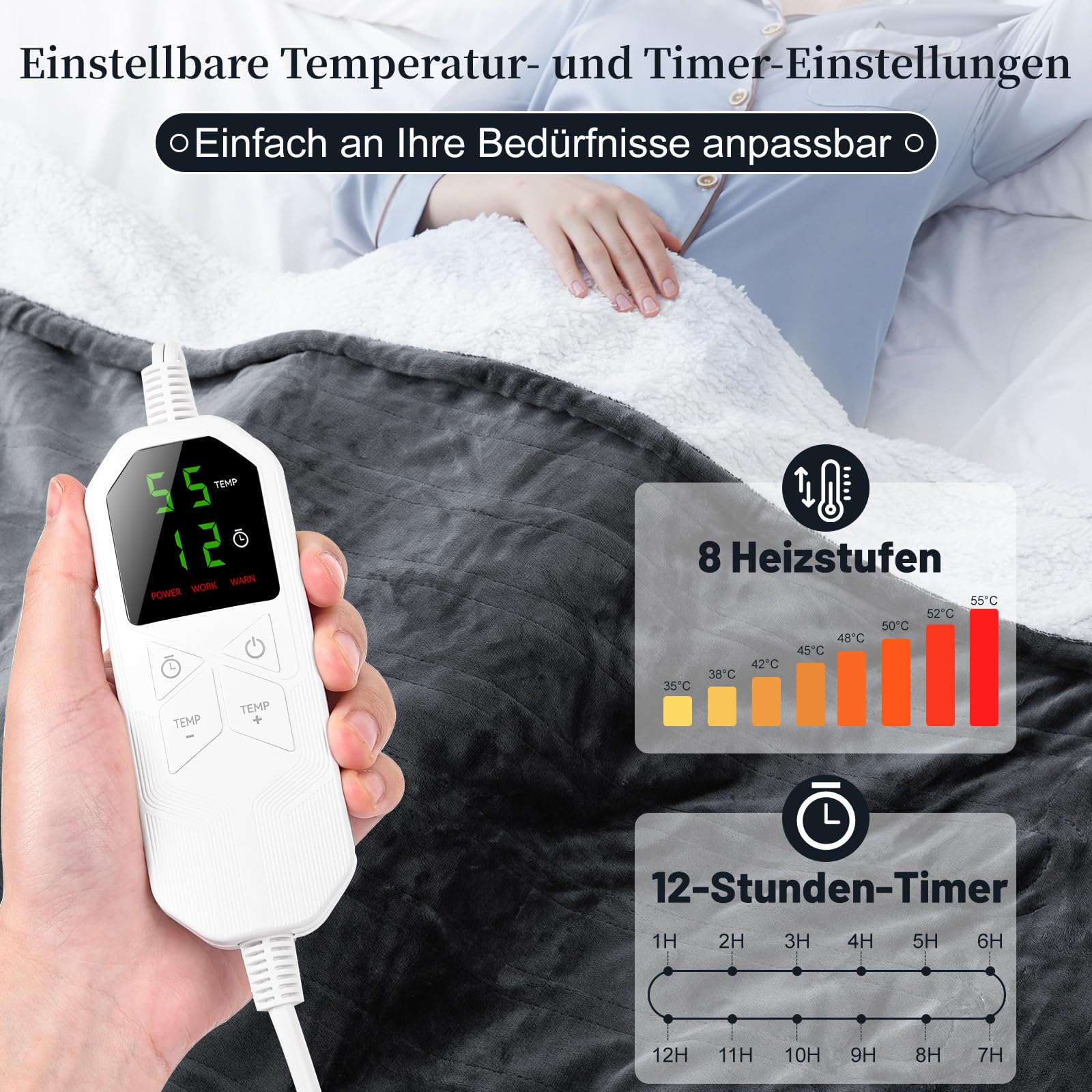 Heizdecke Mit Abschaltautomatik 130x180CM, Wärmedecke mit 8 Heizstufen & 1-12 Stunden Auto-Off-Timer Überhitzungsschutz, Maschinenwaschbar Flanell-Sherpa Wärme Decke für Home & Office, Grau