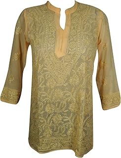 Mogul Interior Women's Yellow Tunic Floral Embroidered Sheer Georgette Short Kurti