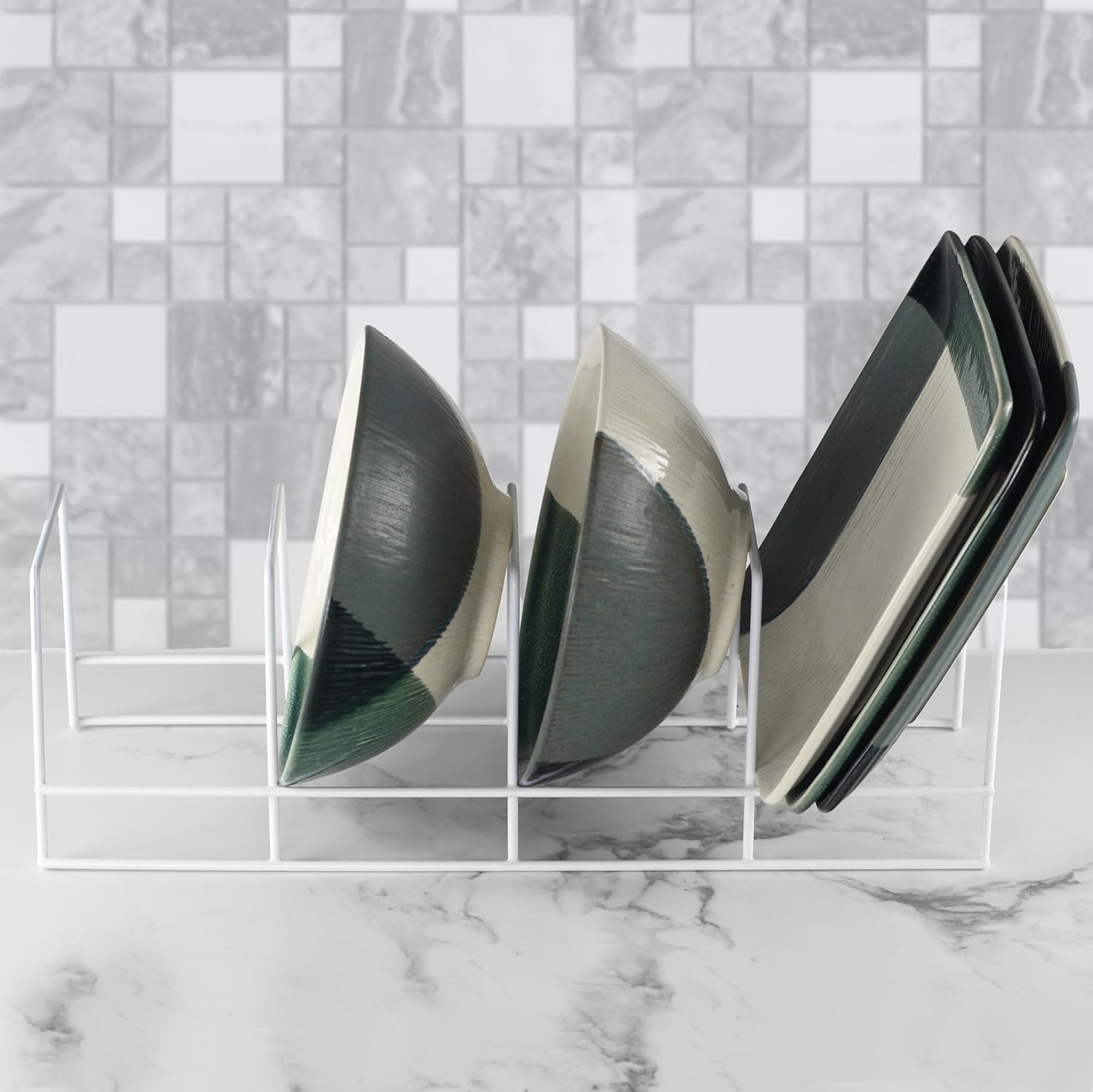 YBM HOME Wire Dish Storage Rack for Plates, Cutting Boards, Bakeware, Pots and Pans, Serving Trays, Lids, and Other Cookware, 3 Section Plate Holder for Cabinets and Cupboards, Silver 2552