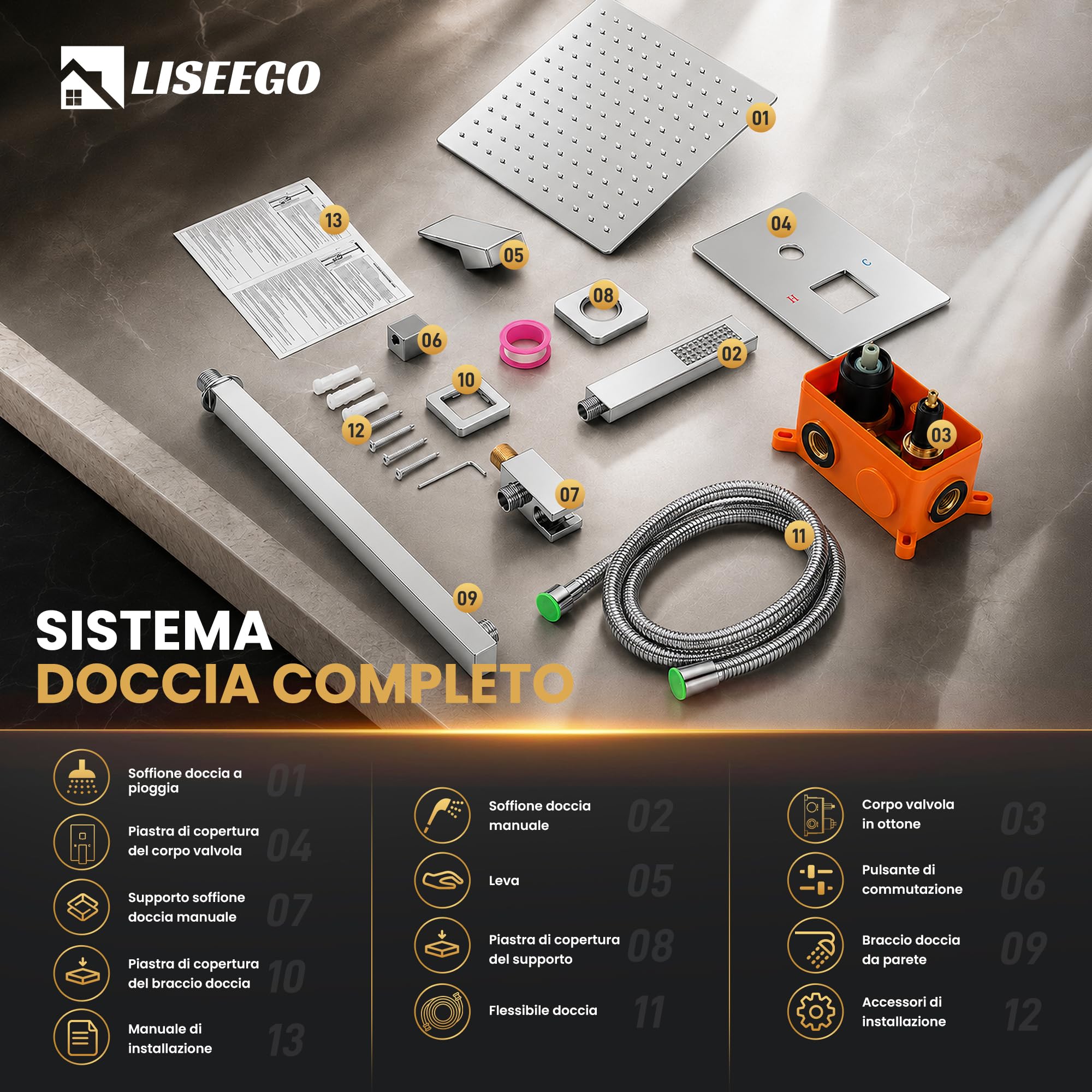 Set Doccia Incasso con Soffione a Pioggia 30 cm, Cromo Lucido | Corpo Valvola in Ottone, Cartuccia di Bilanciamento Della Pressione in Ceramica, Soffione Pioggia e Doccetta in Acciaio Inox