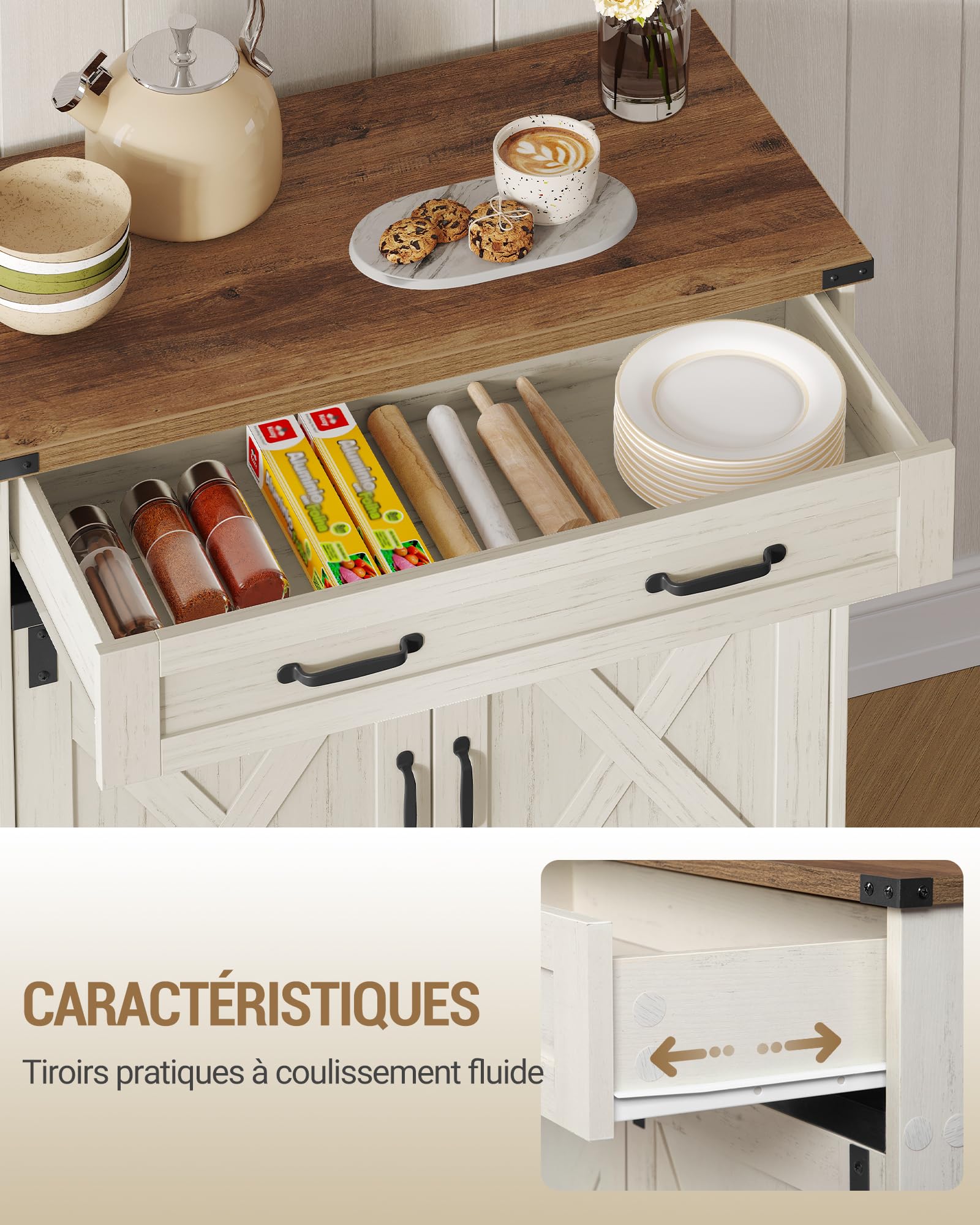 Hzuaneri Meuble Cuisine, Buffet à 1 Tiroir, Meuble de Rangement à 2 Portes, Étagères Réglables, Style Cottage, Cuisine, Salon, 40 x 80 x 80 cm, Blanc Rustique et Marron Miel, SC84814X