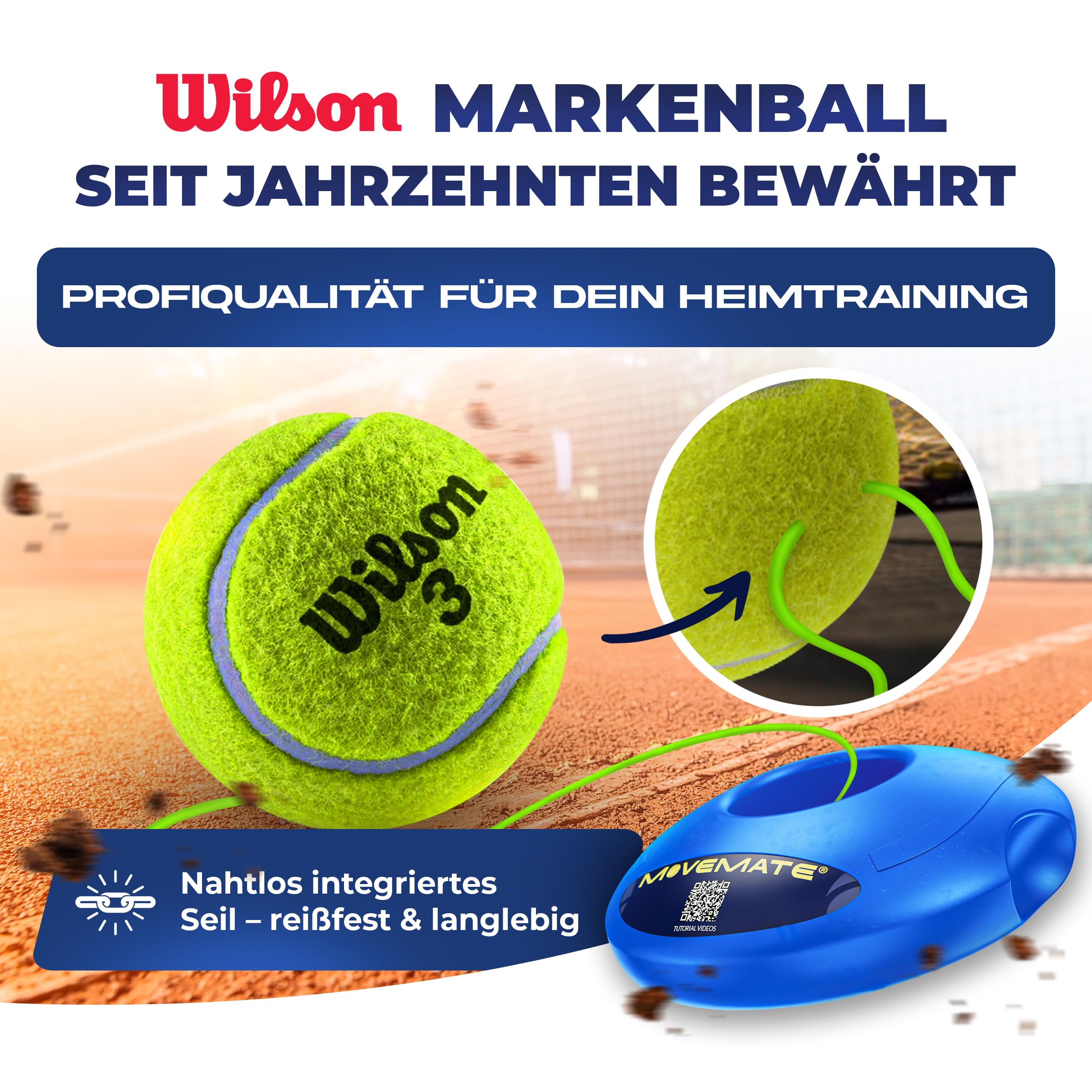 MOVEMATE Tennis-Trainer Set mit Wilson® Tennisball | innovatives Ballspiel für Draußen, im Garten, im Park für Kinder & Erwachsene | inkl. Transporttasche & Übungsvideos