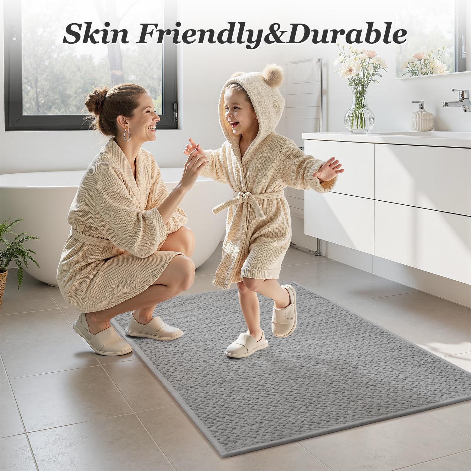 AMOAMI Thin Bath Mat, Super Absorbent Bath Mats for Bathroom, Quick Dry Rubber Backed Bath Rug Non Slip, Chenille Surface Thin Bathroom Rugs Fit Under Door,Low Pile Shower Rug,Light Grey,24" x 70"