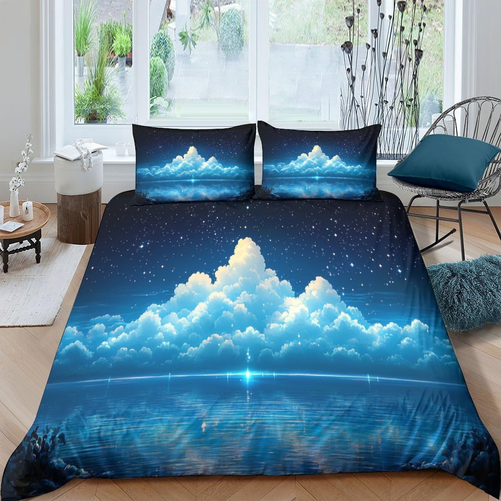 Ctjqhvkz Style-7 3D Printed Blue Cloud Night Fitted Sheet Microfiber Soft Mattress Cover Sky Reflection Decor For Bedroom Dorm Single（135X200cm）