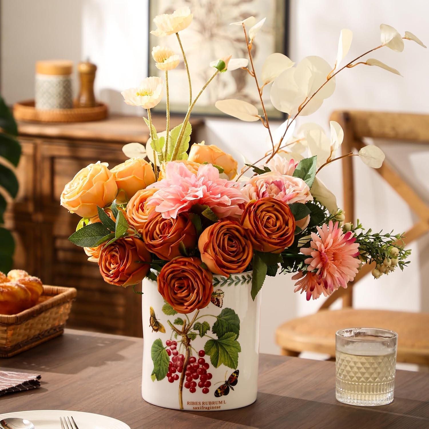 7" Flower Utensil Holder, Large Kitchen Utensil Holder Organizer , White Stable Utensil Crock Spatula Holder for Kitchen Counter Countertop Farmhouse Cooking Tools Holder(Ribes rubrum)