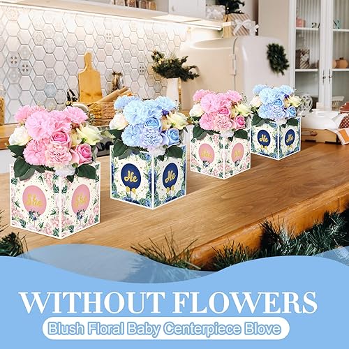Miniatura 3 de 8 piezas de decoración de revelación de género, caja de flores para centro de mesa, caja de bebé azul marino y rubor con letras para él o ella