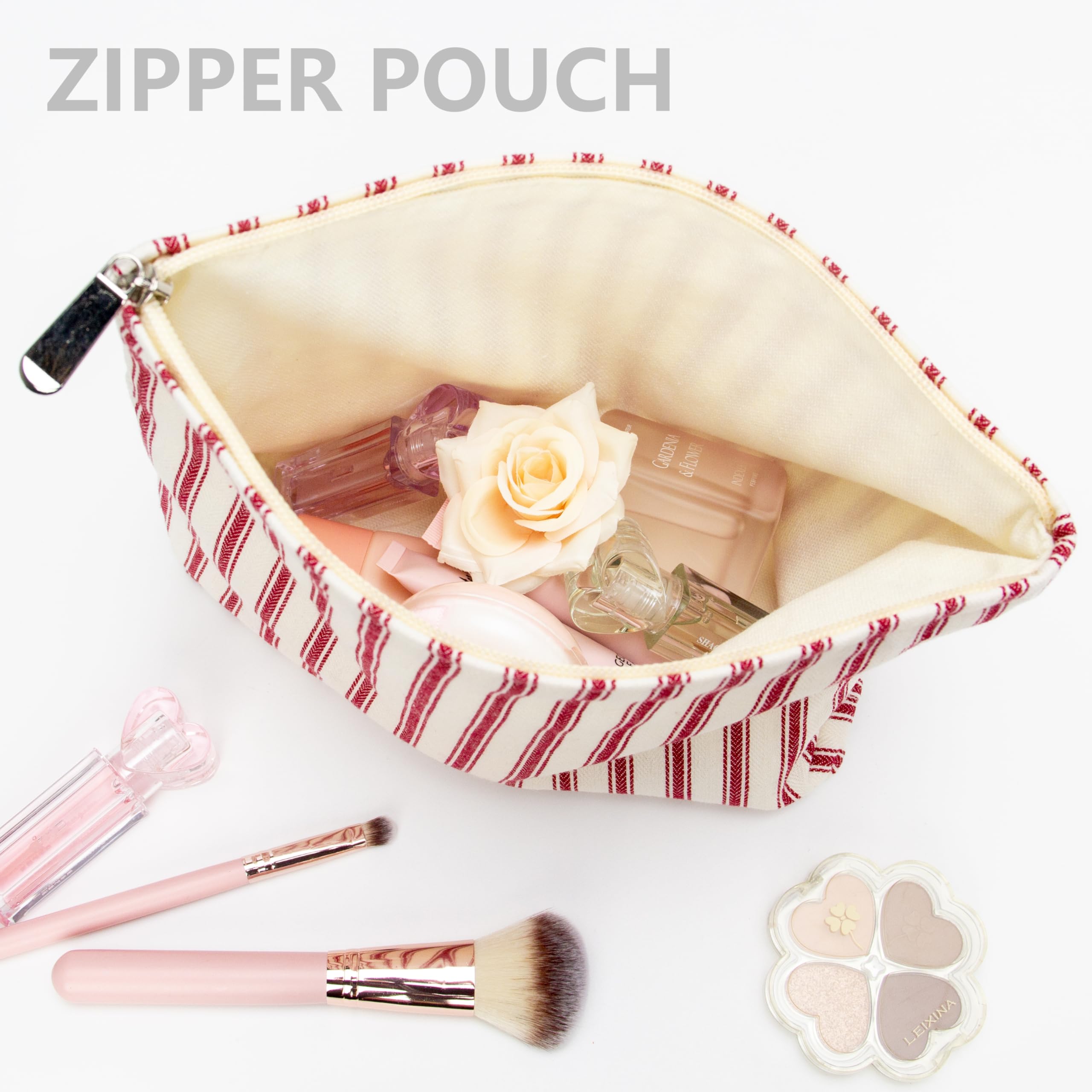 PAZIMIIK Make-up-Tasche mit Blumenmuster, Baumwolle, Reißverschluss, für Geldbörse, Reisen, Leinen, Make-up-Organizer für Damen, Kosmetik, Vintage-Stil, gestreift, Rot, Vintage Stripe Red, 10x7inch