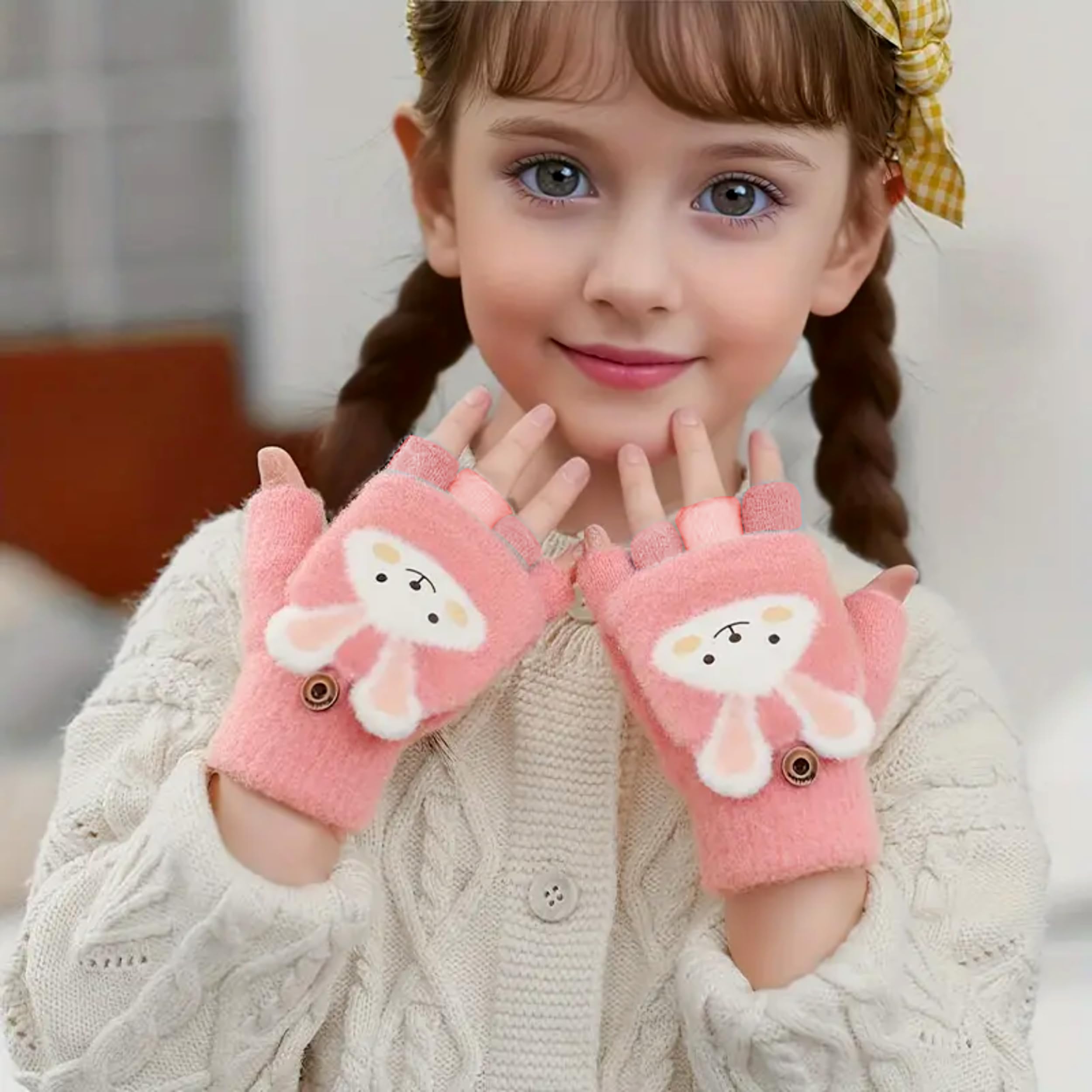 Khwaish Store Girl's Winter Soft Plush Cute Bunny Design Carrot Half Finger Gloves Mittens Soft Warm Over Flip Five-Finger for Toddlers Kids (2, Multicolor, 3-4 Years) - Image 6 thumbnail