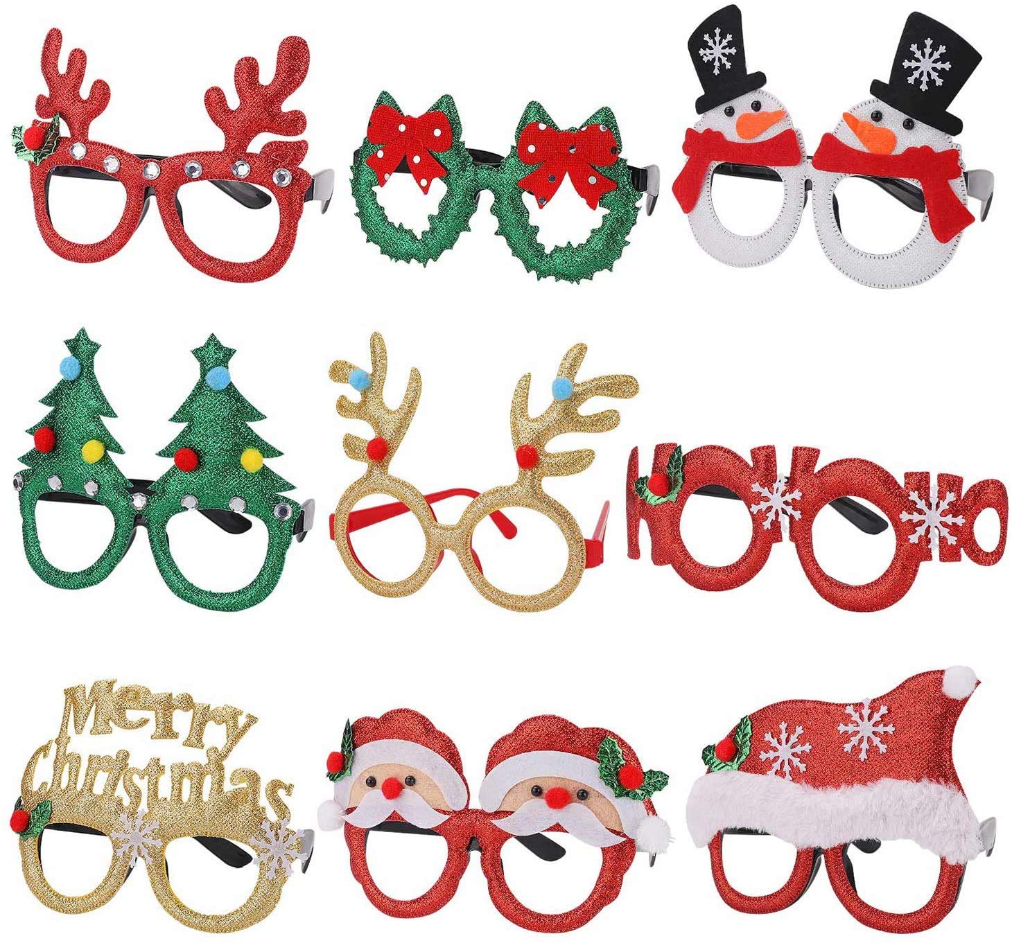 N/P 9 Pack Christmas Party Glasses Christmas Glitter Decoration Costume Eyeglasses Frame Unisex Eyeglasses for Holiday Party Decorations Christmas Ornaments Gift, Assorted Christmas Styles