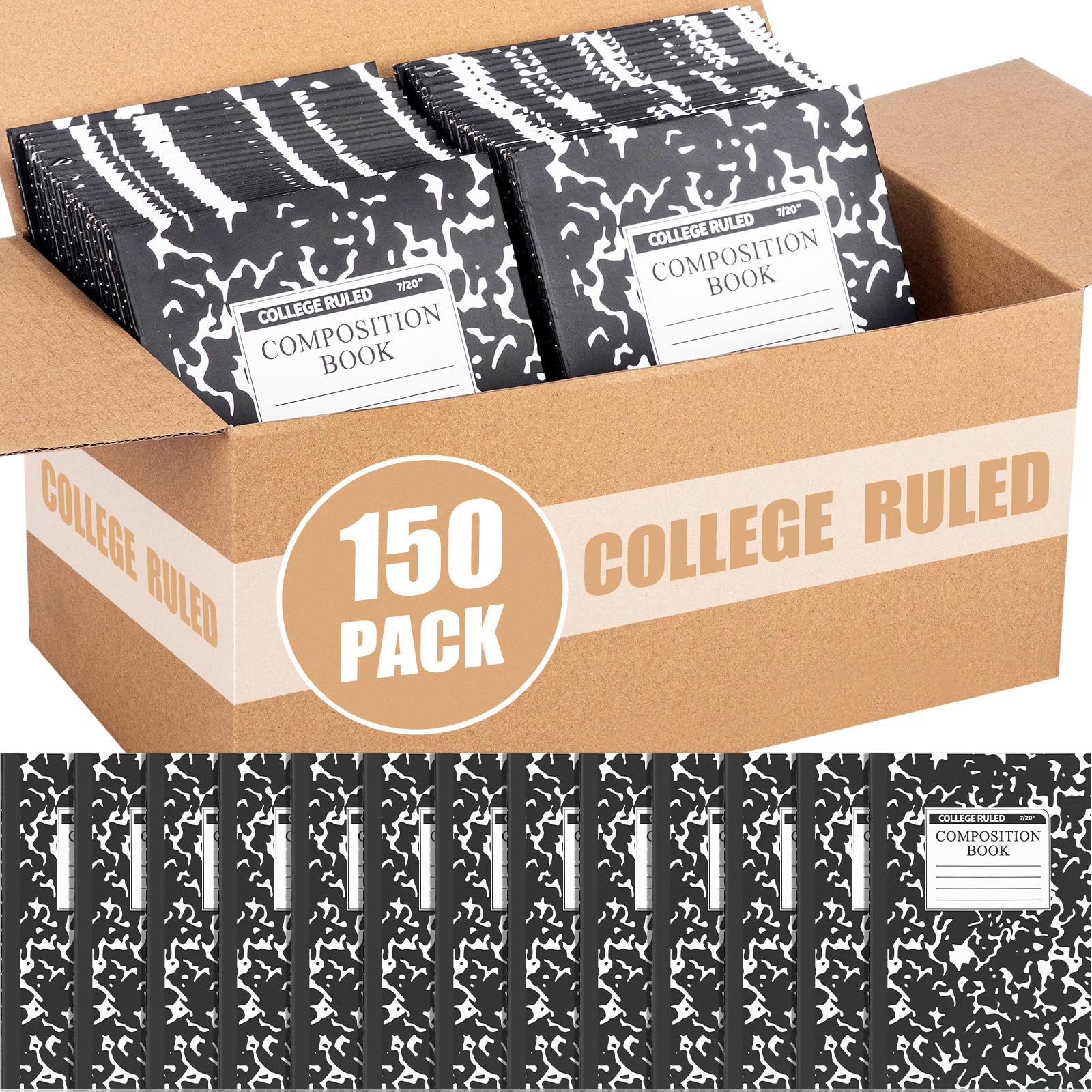 Fainne Confezione da 150 quaderni per composizione in formato A5, con copertina marmorizzata, per composizione universitaria, a righe larghe, per studenti, classe, ufficio, scuola (nero)