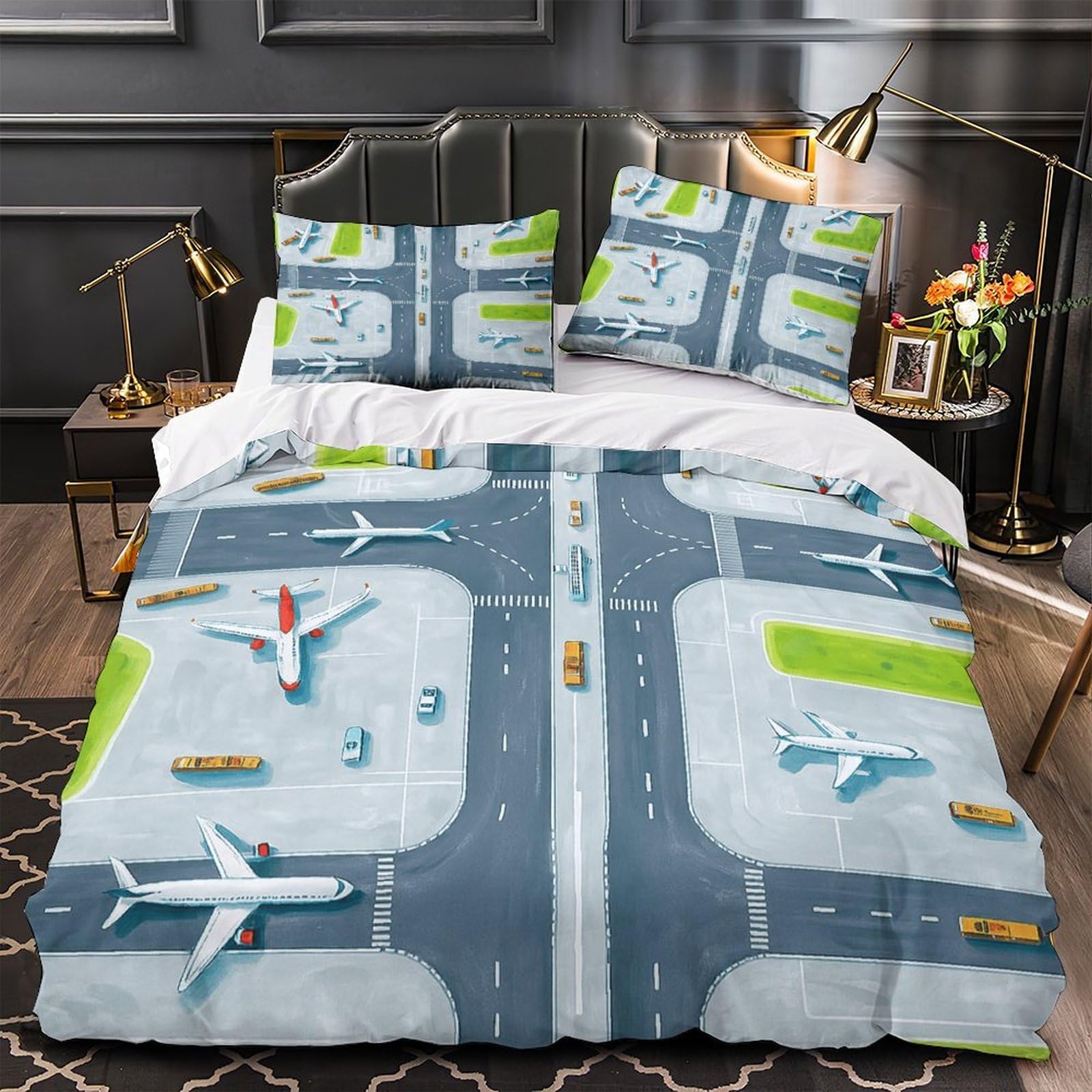 Parure de lit microfibre hypoallergique motif avion housse de couette 220x240cm respirante